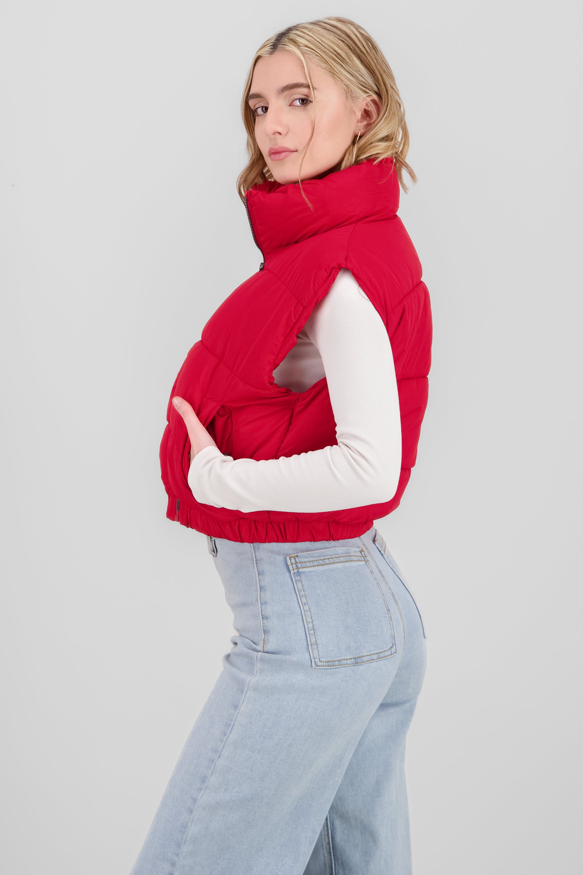 Cropped Quilted Vest RED