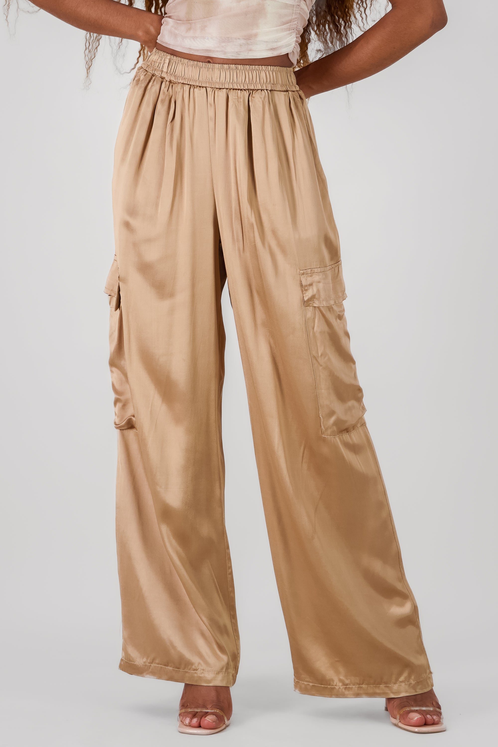 Wide Leg Satin Pants BEIGE