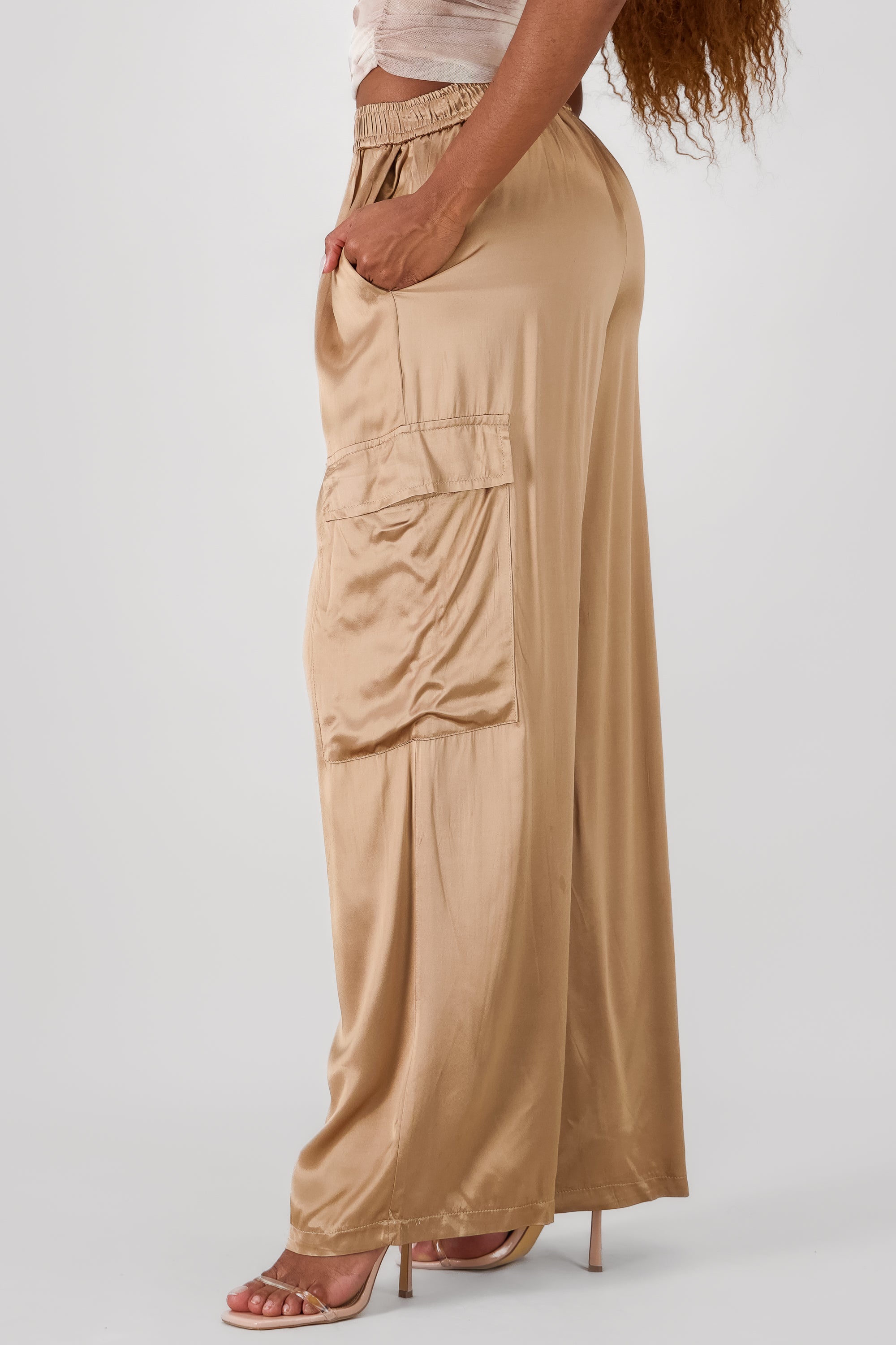 Wide Leg Satin Pants BEIGE