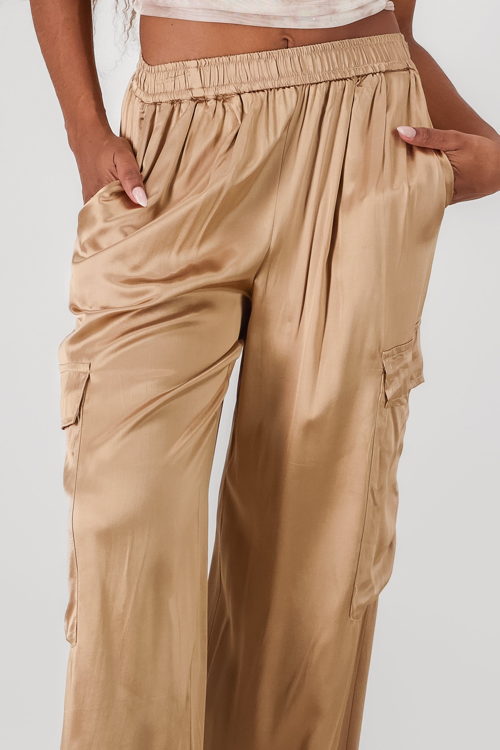 Wide Leg Satin Pants BEIGE