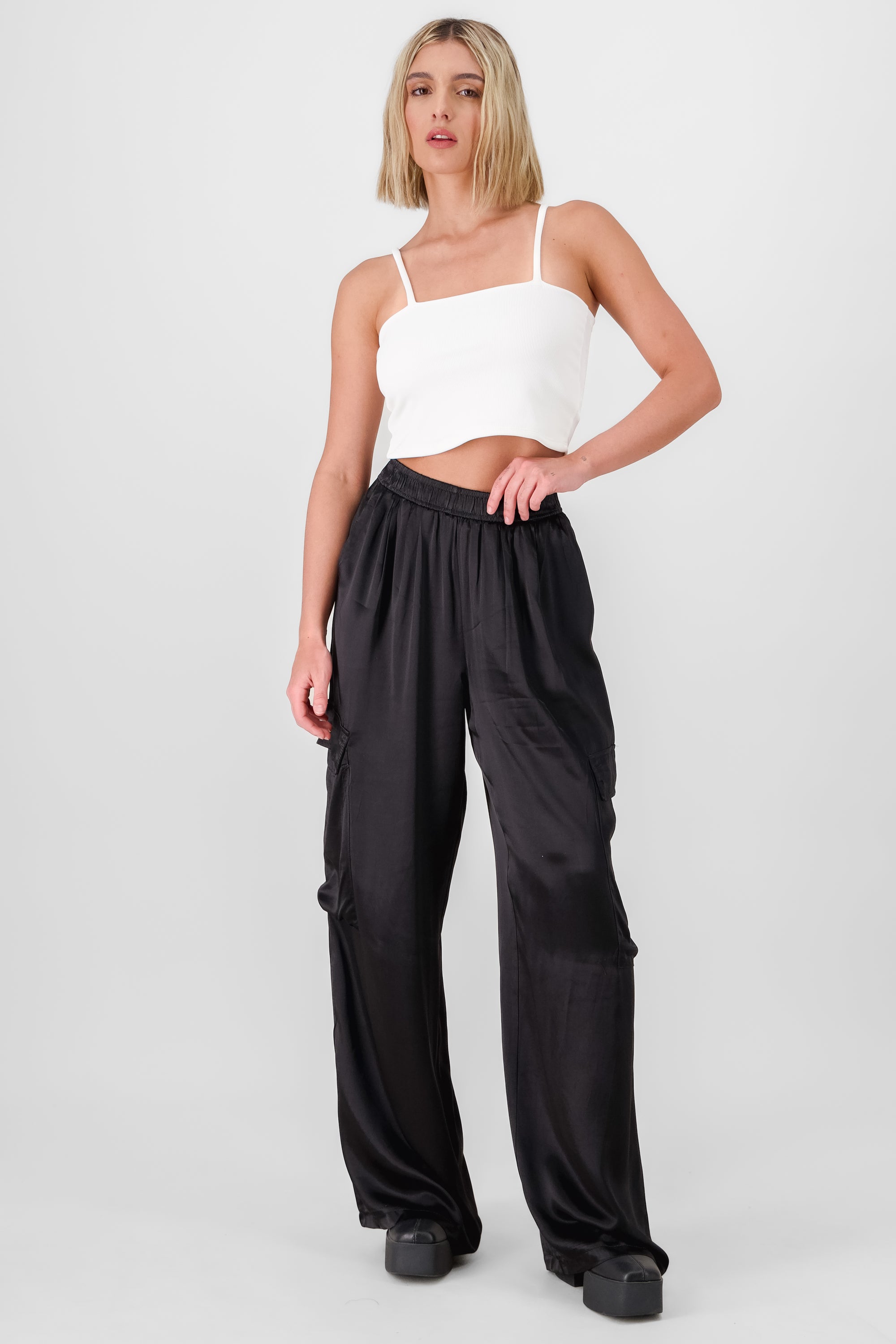 Wide Leg Satin Pants BLACK