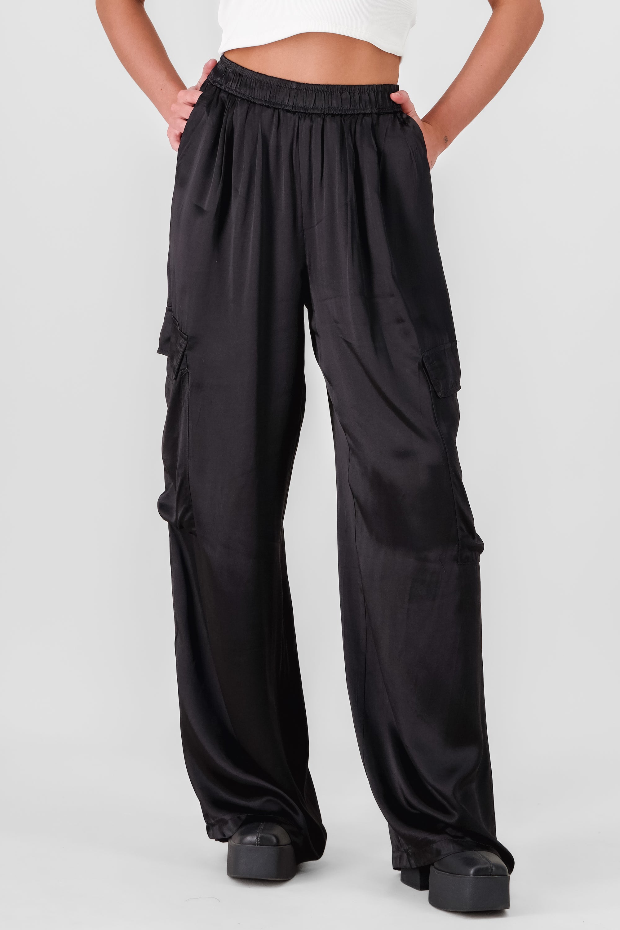 Wide Leg Satin Pants BLACK