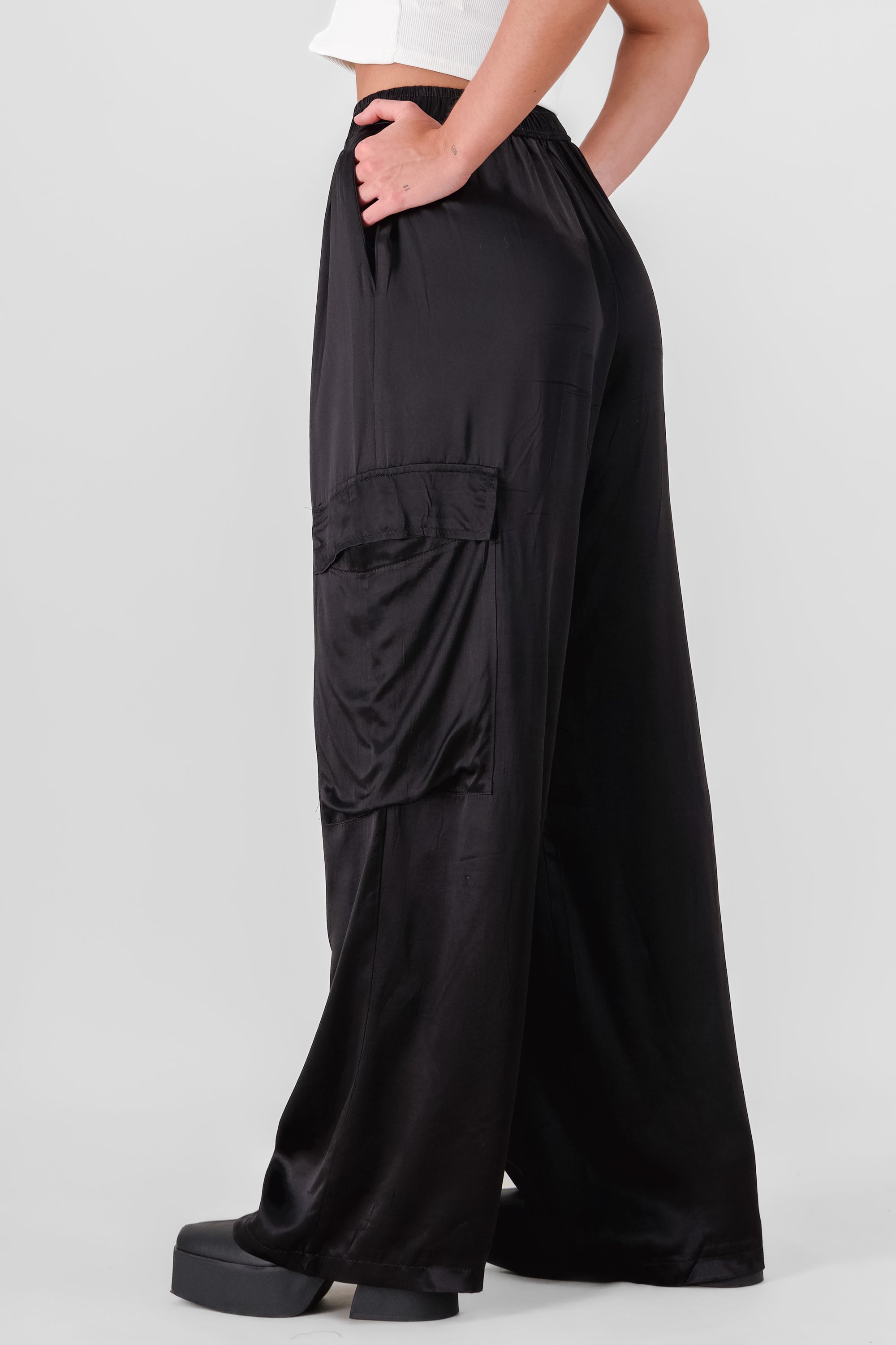 Wide Leg Satin Pants BLACK