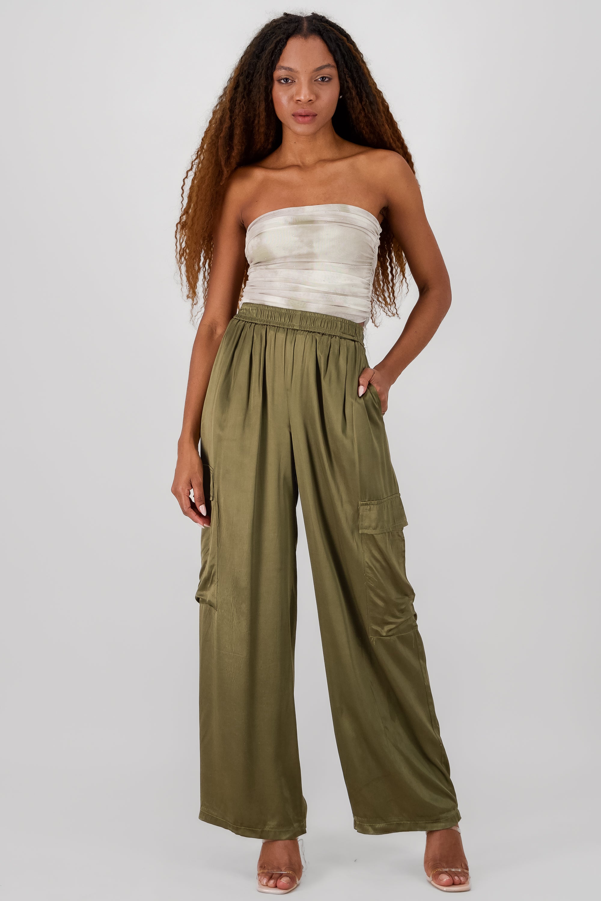 Wide Leg Satin Pants OLIVE