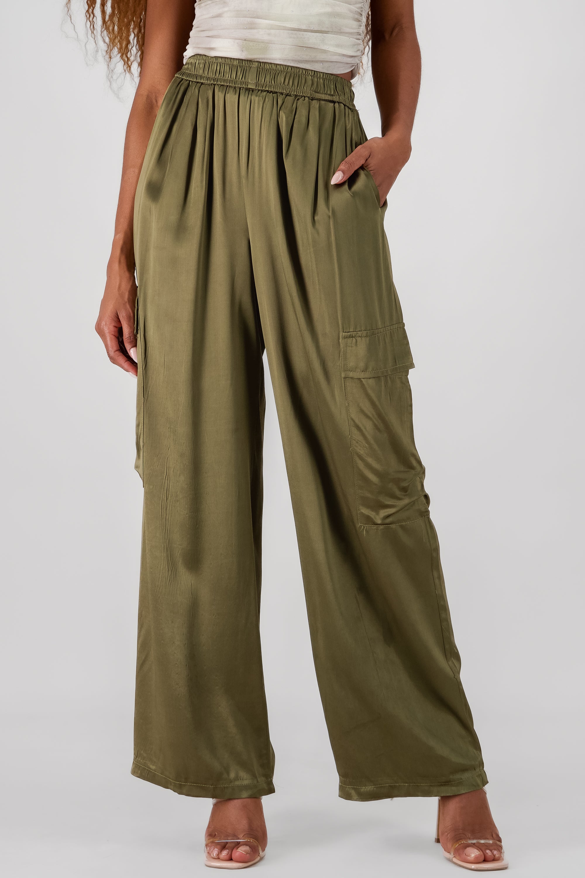 Wide Leg Satin Pants OLIVE