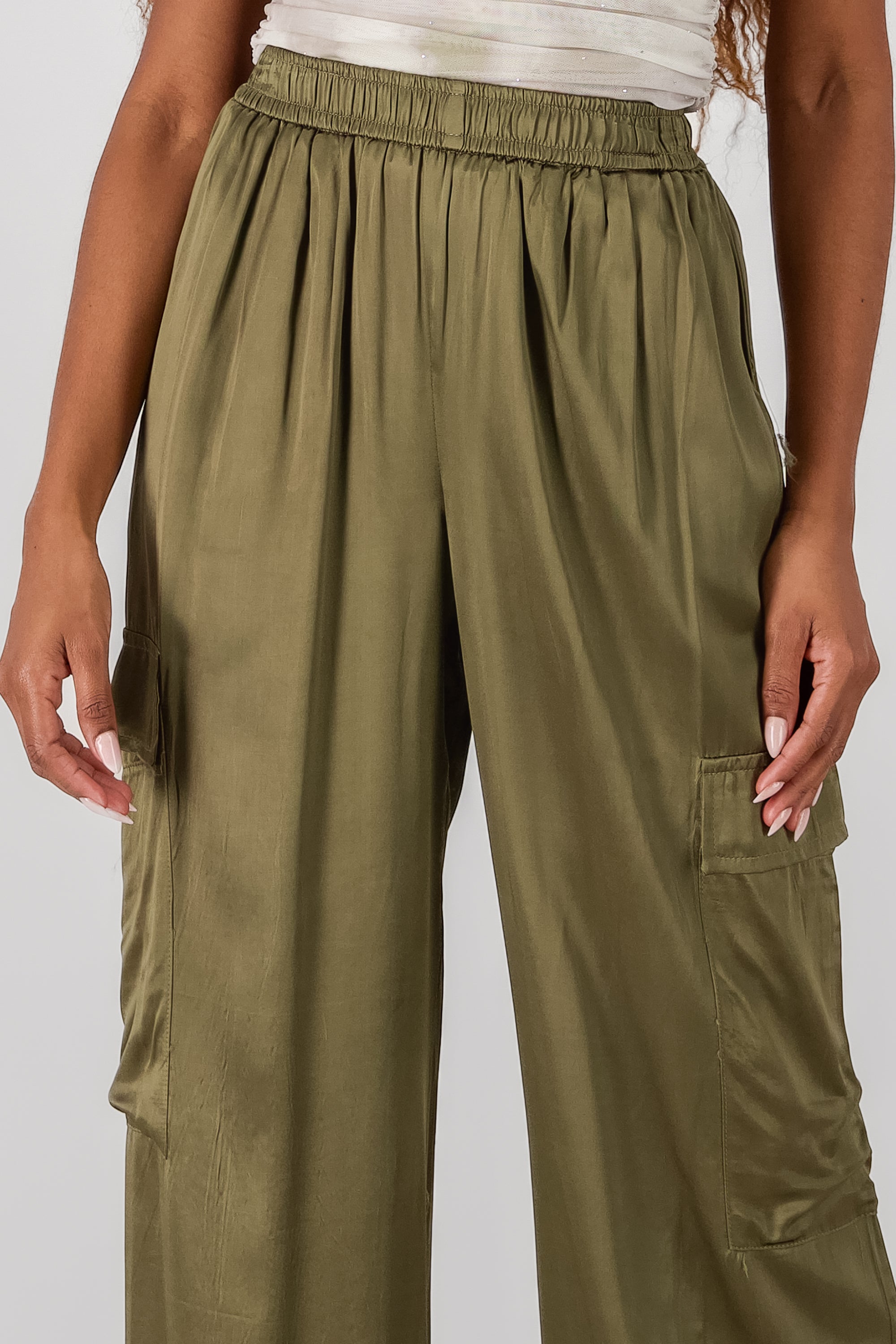 Wide Leg Satin Pants OLIVE