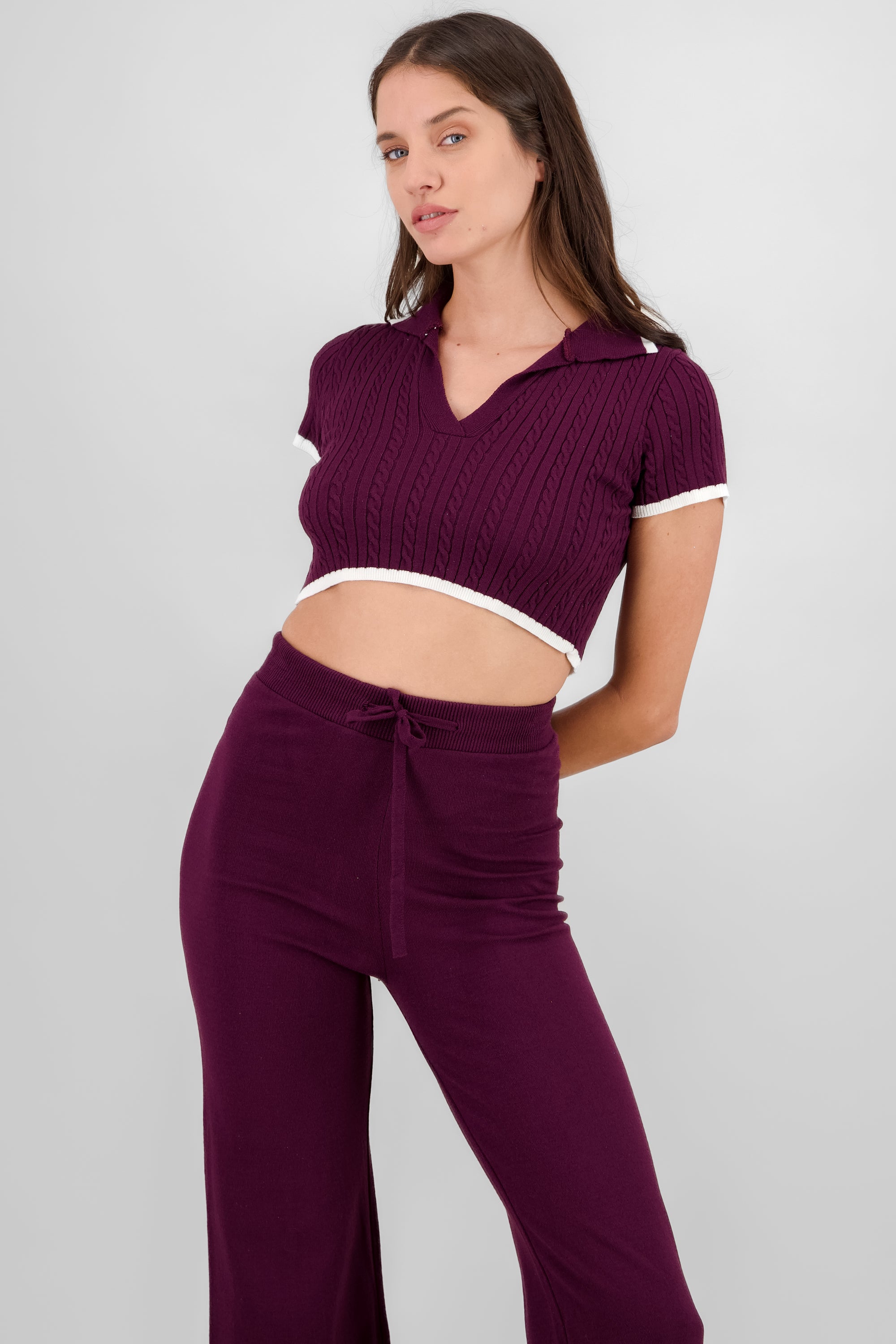 Cable Knit Polo Crop Top BURGUNDY