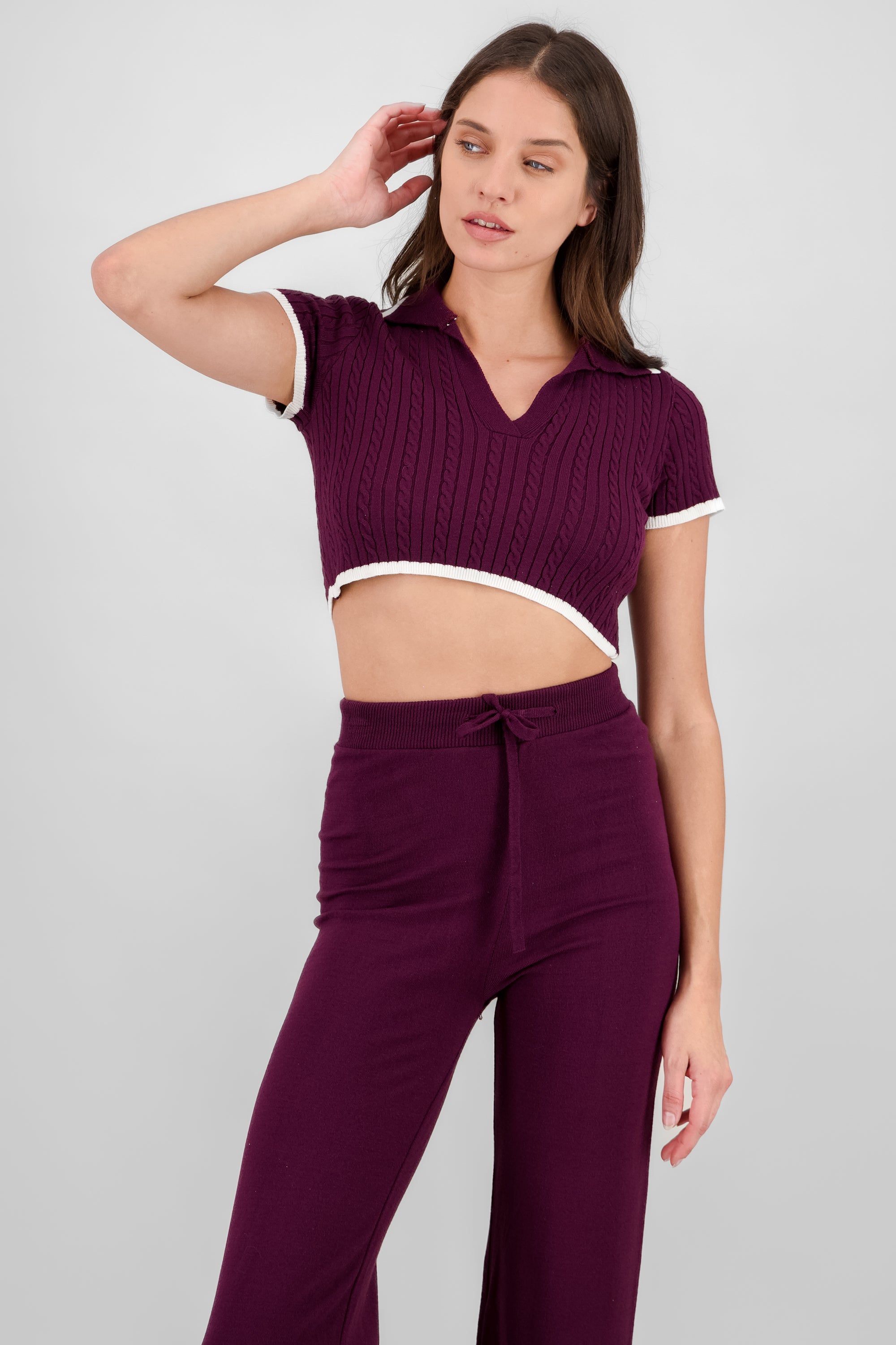 Cable Knit Polo Crop Top BURGUNDY