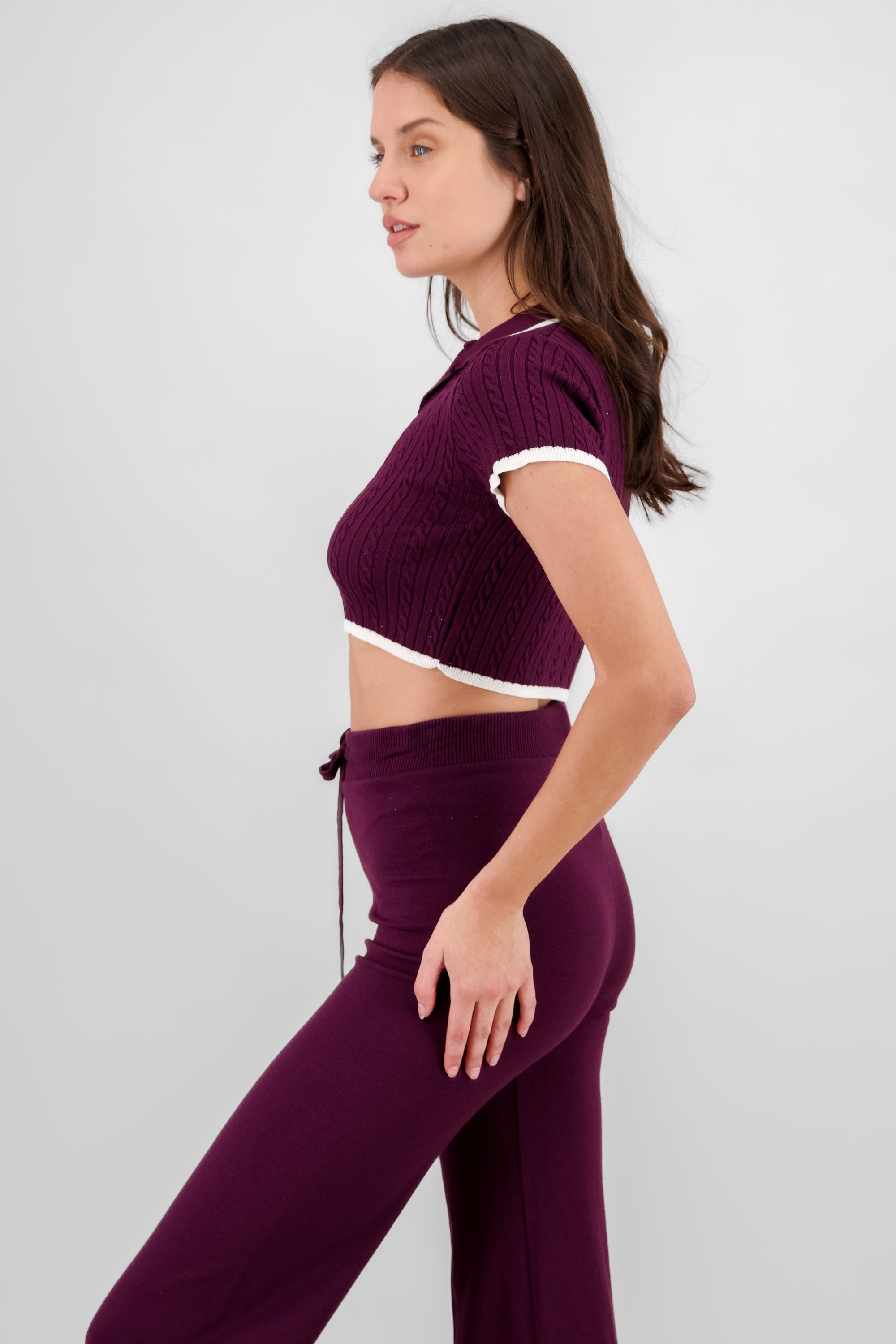 Cable Knit Polo Crop Top BURGUNDY