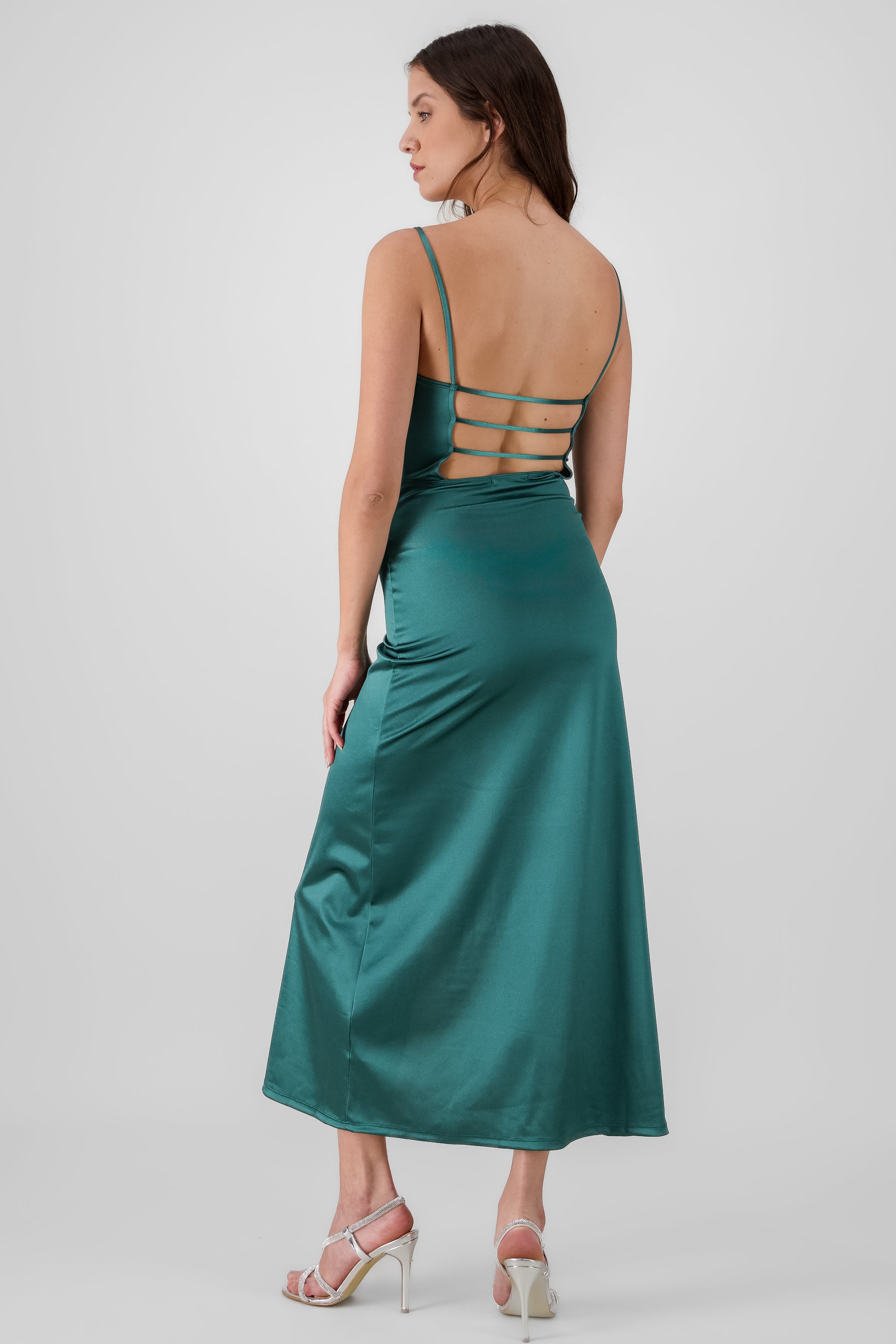 Maxi Satin Dress With an Open Back HUNTER GREEN