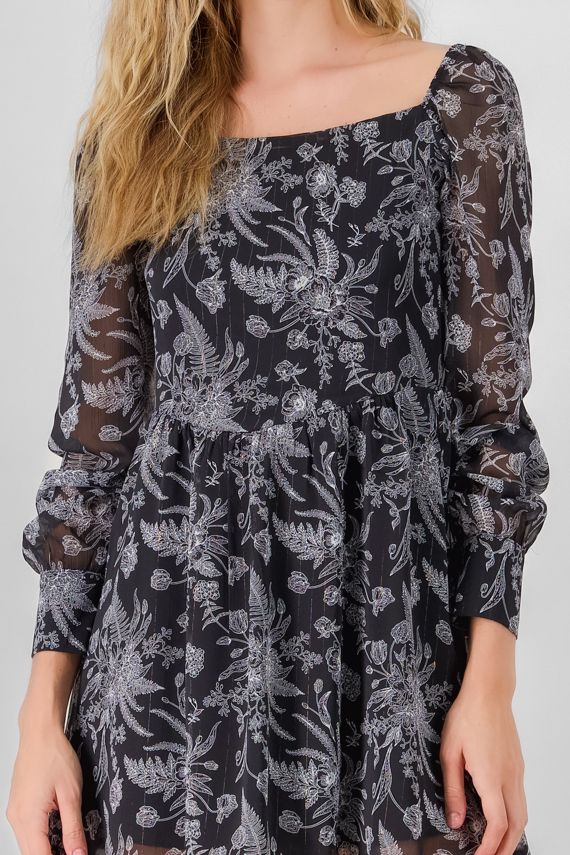 Floral Print Lurex Mini Dress BLACK COMBO