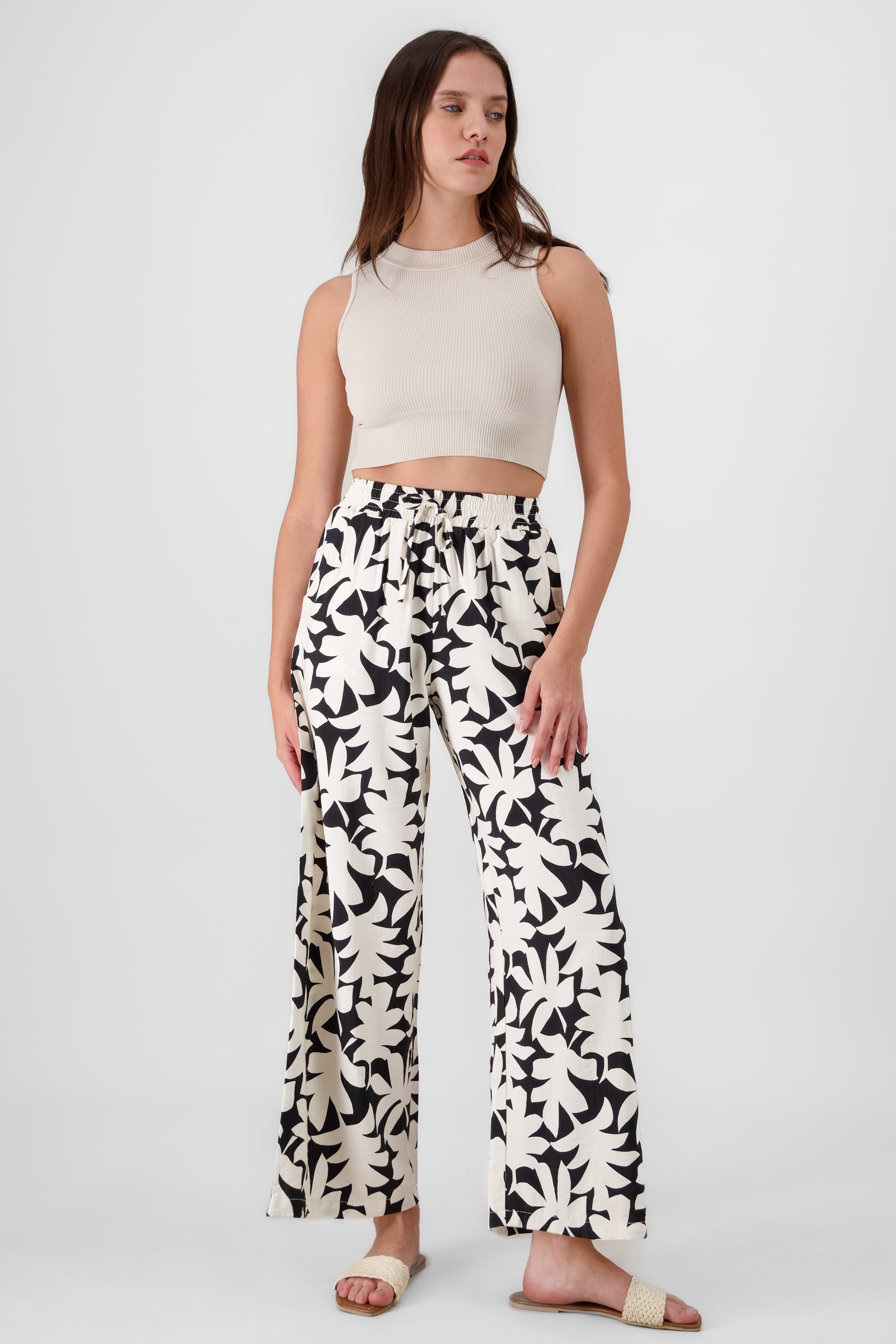 Wide Leg Tropical Print Pants BLACK COMBO