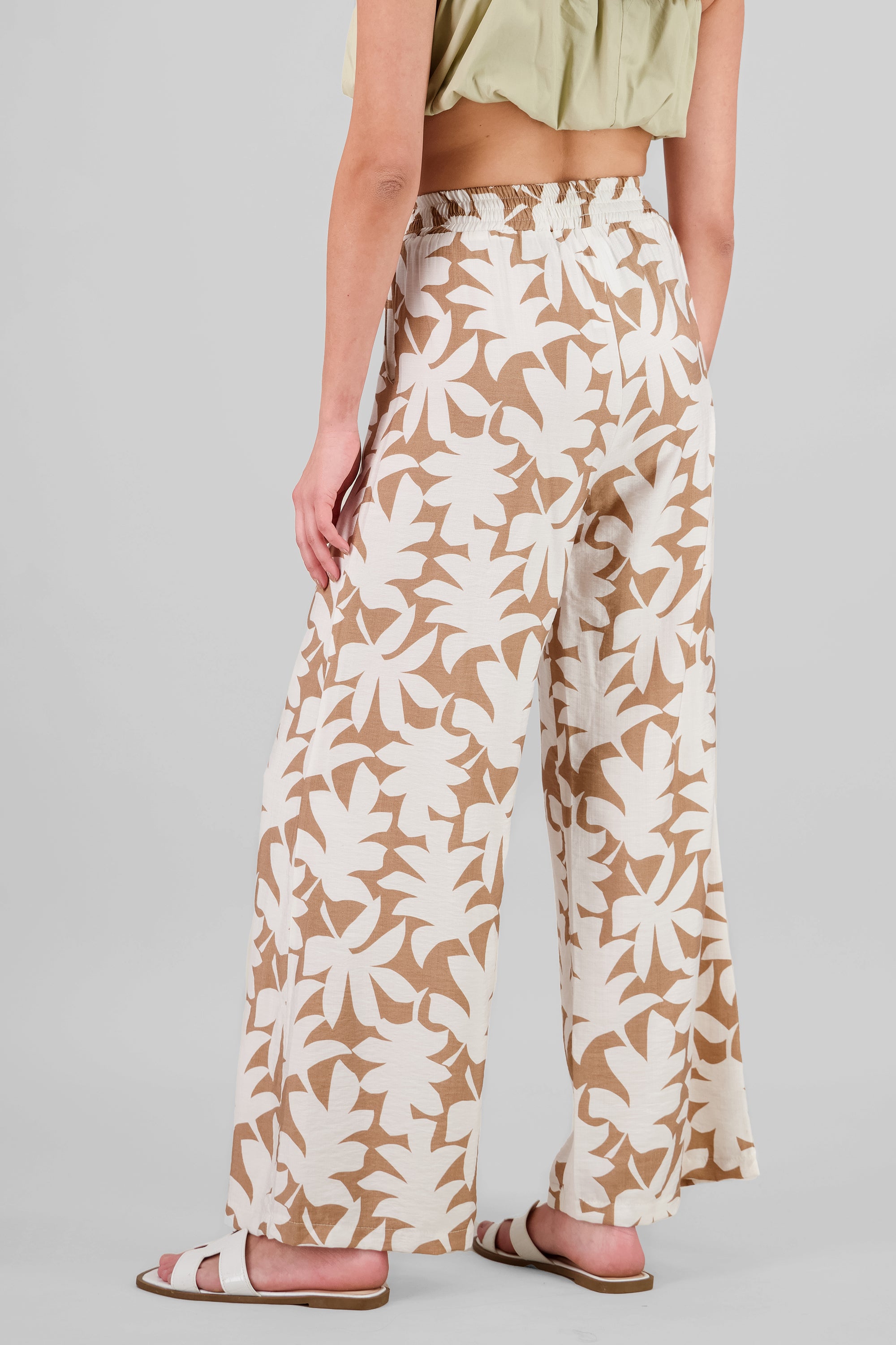 Wide Leg Tropical Print Pants KHAKI COMBO