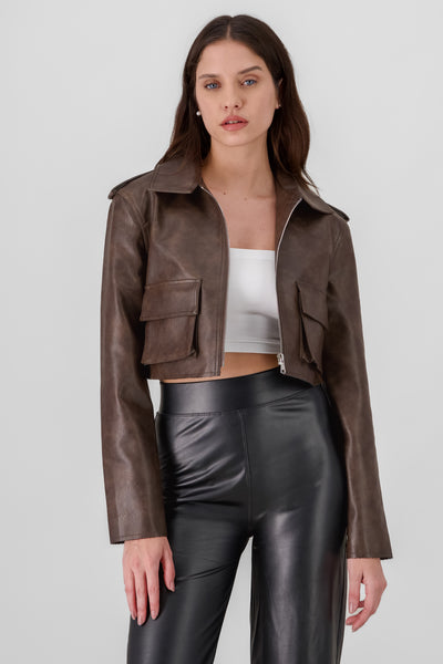 Faux Leather Cargo Jacket BROWN