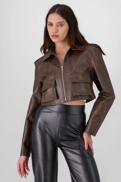 Faux Leather Cargo Jacket BROWN