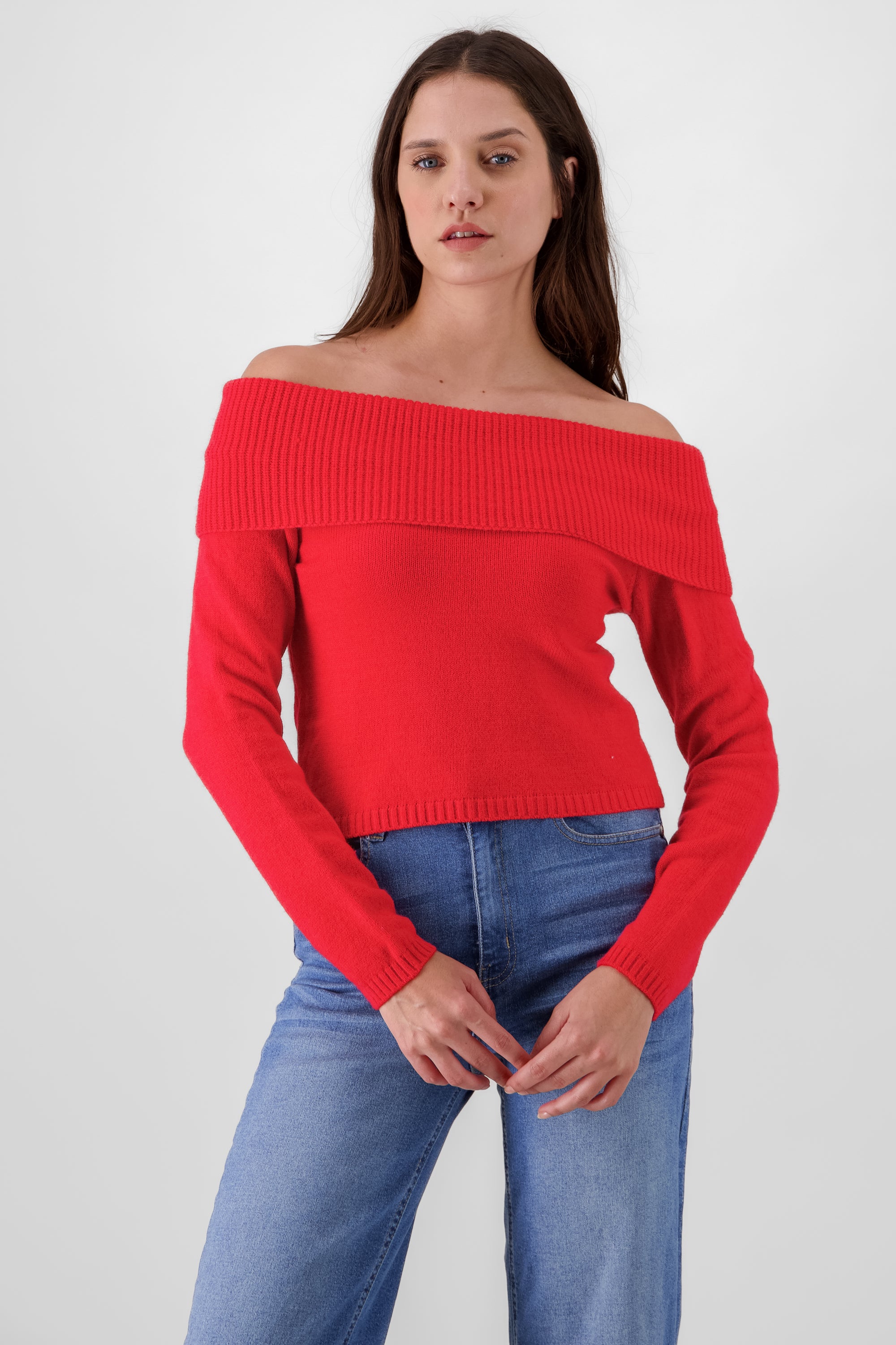 Off Shoulder Solid Knit Sweater RED