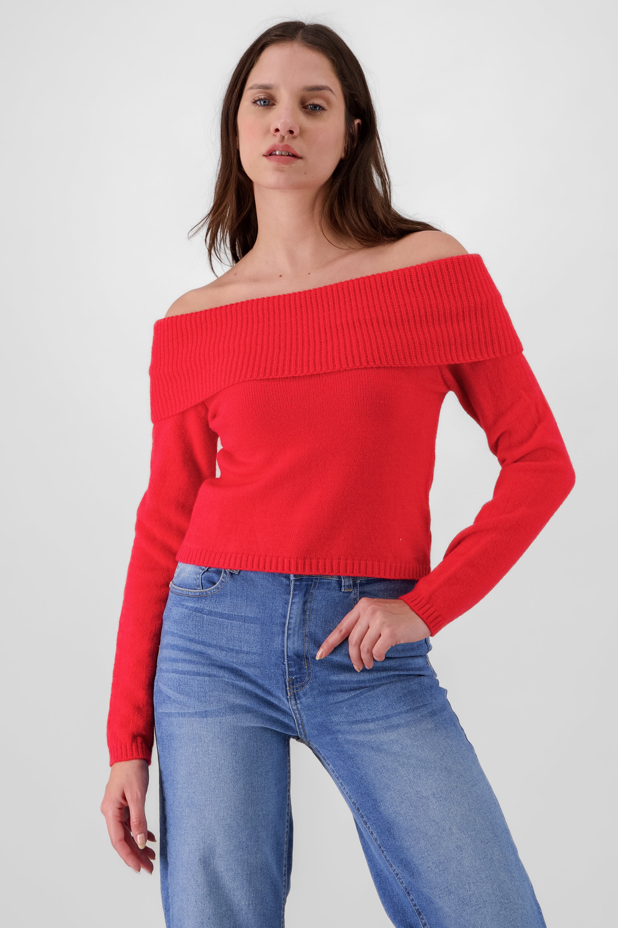 Off Shoulder Solid Knit Sweater RED