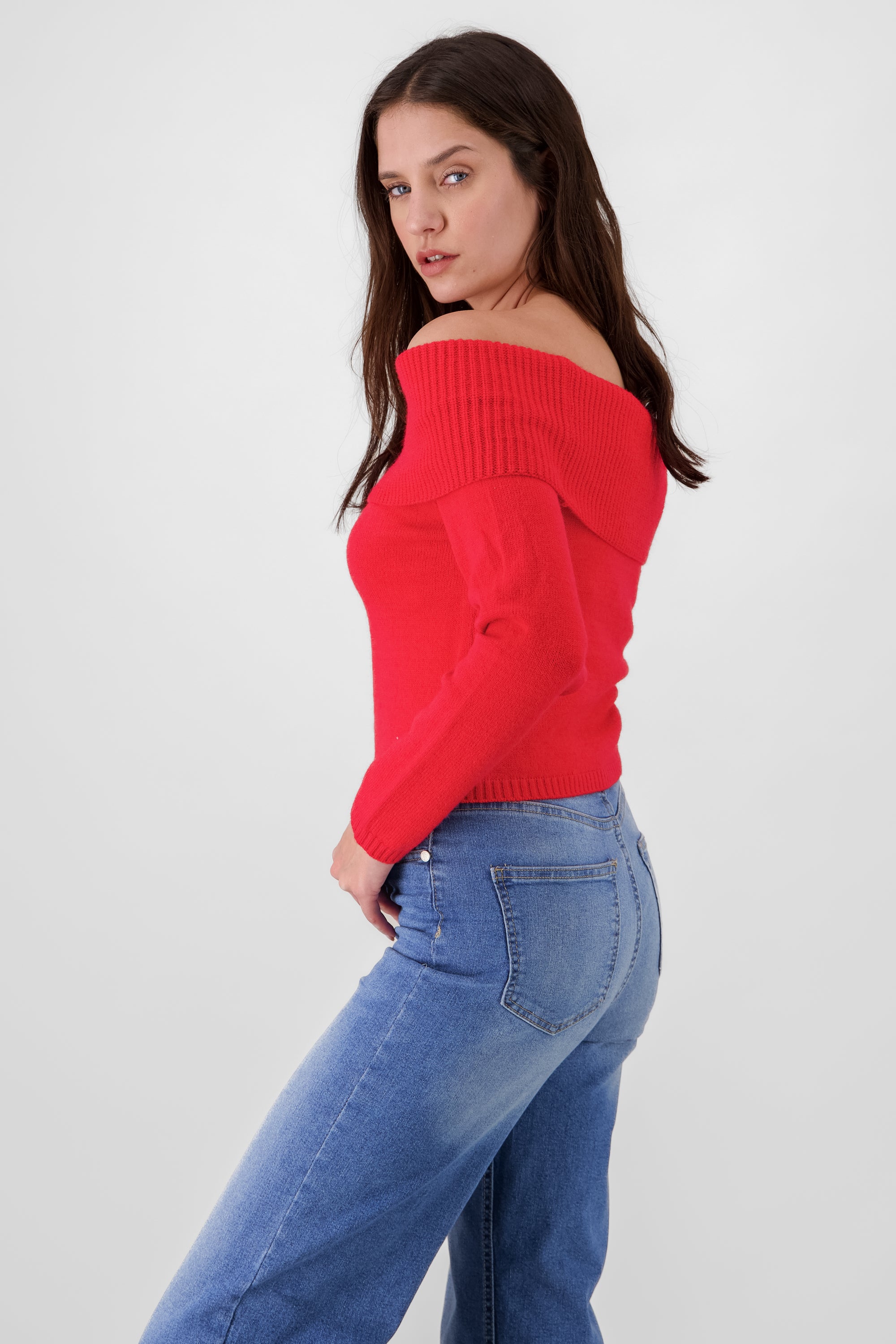 Off Shoulder Solid Knit Sweater RED