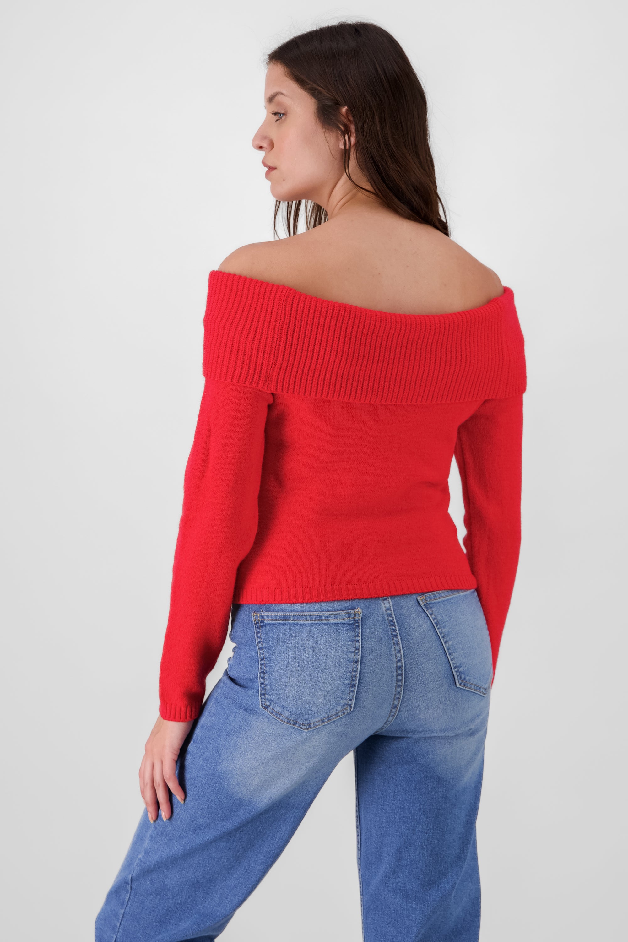 Off Shoulder Solid Knit Sweater RED