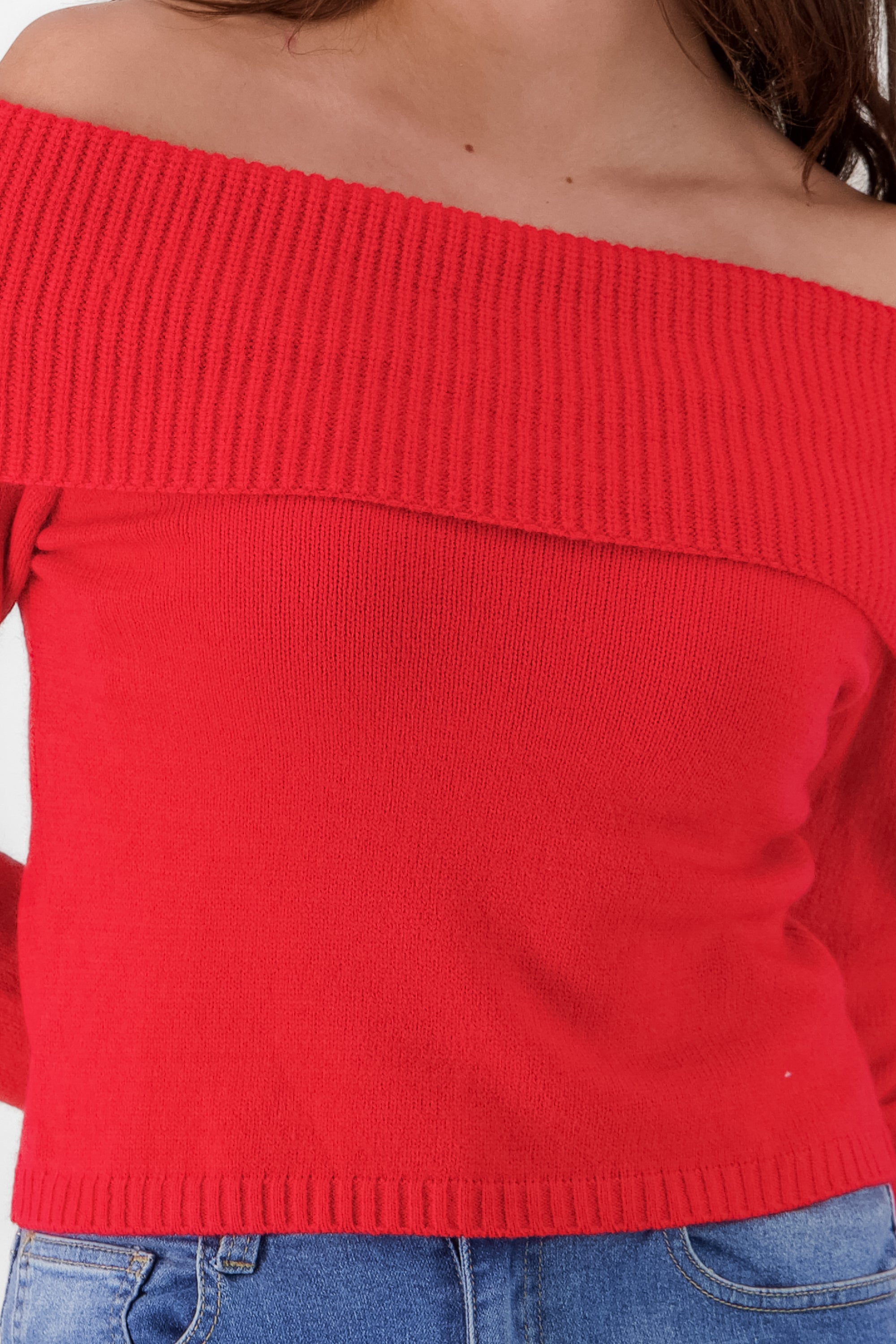 Off Shoulder Solid Knit Sweater RED