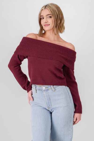 Off Shoulder Solid Knit Sweater BURGUNDY