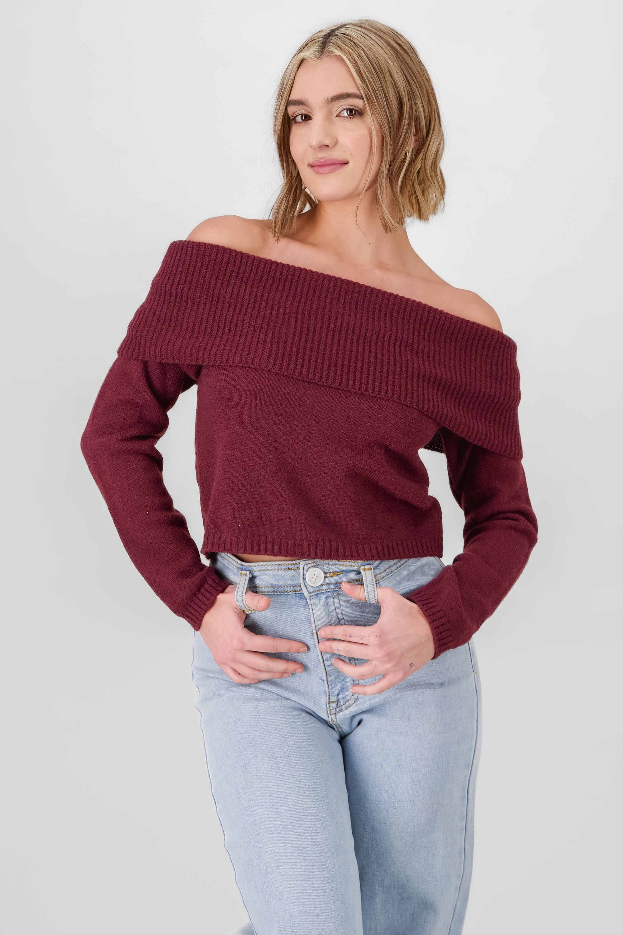 Off Shoulder Solid Knit Sweater BURGUNDY