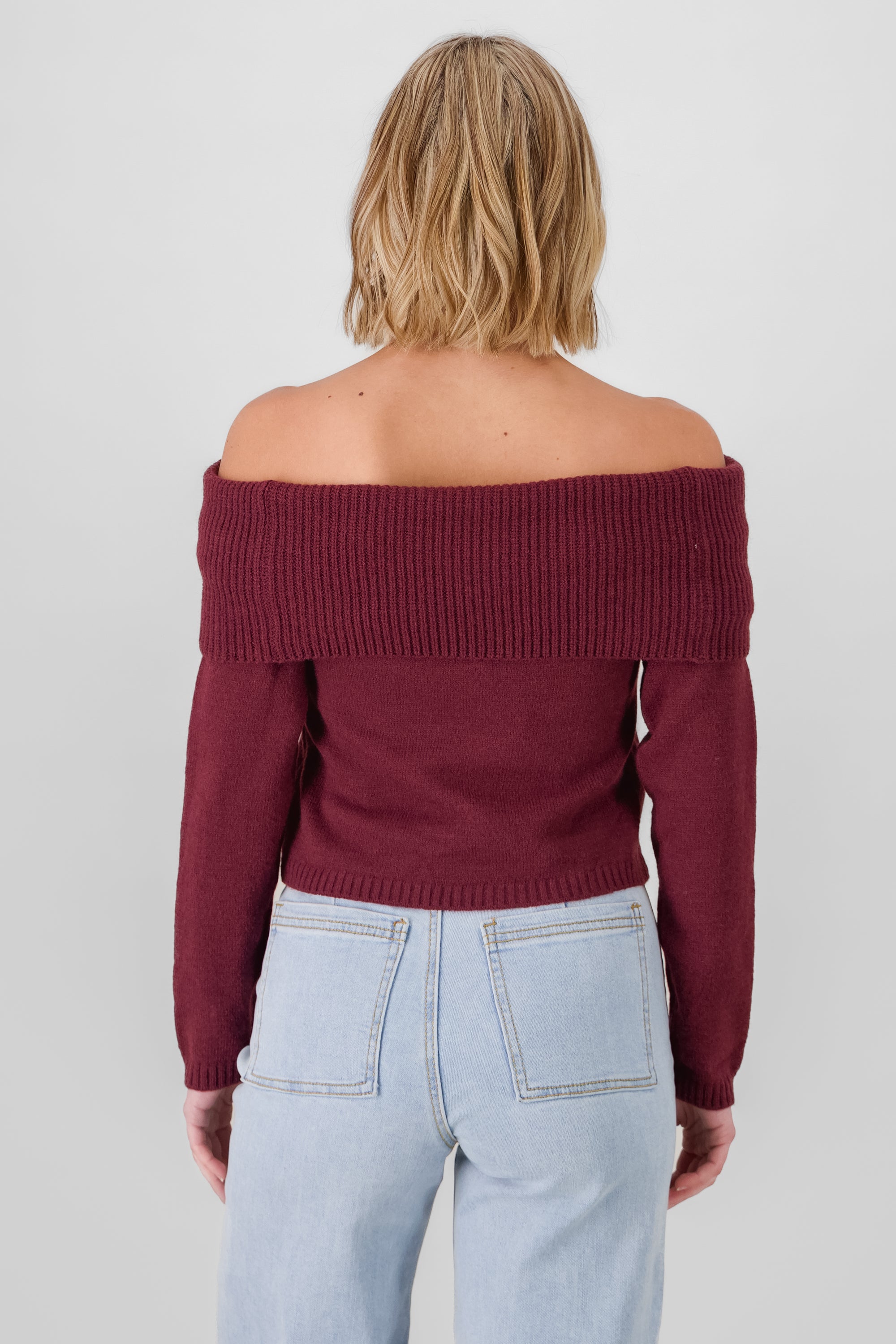 Off Shoulder Solid Knit Sweater BURGUNDY