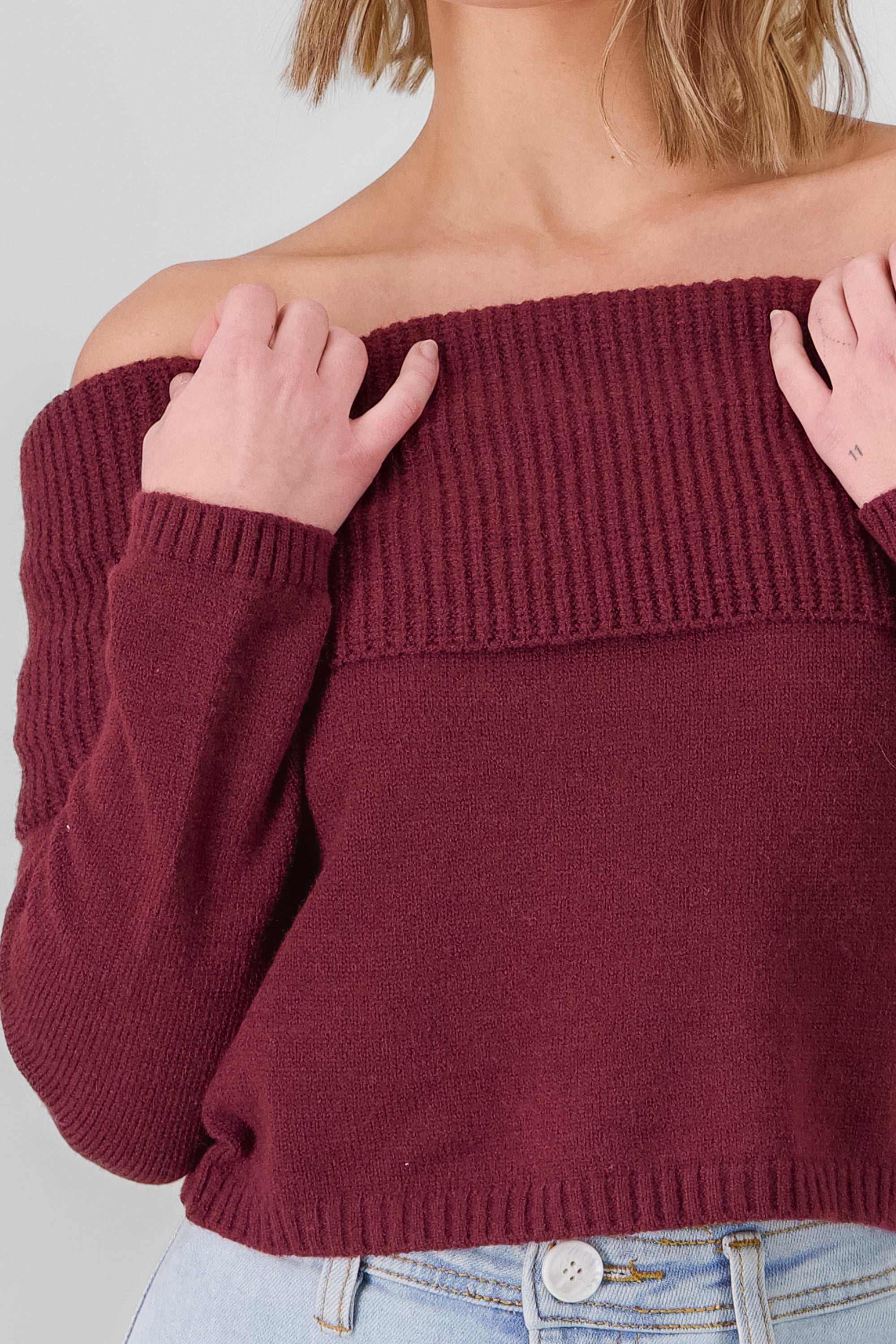 Off Shoulder Solid Knit Sweater BURGUNDY