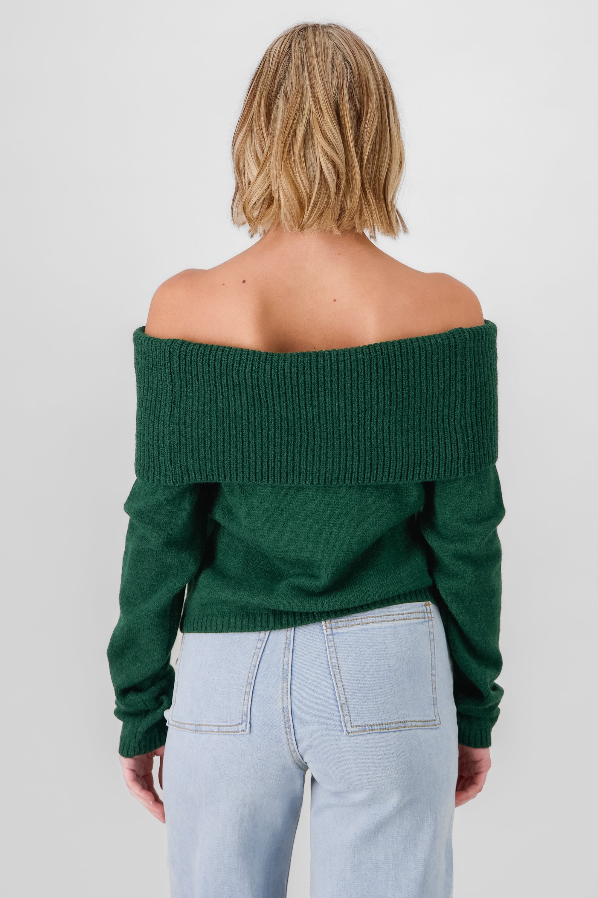 Off Shoulder Solid Knit Sweater HUNTER GREEN