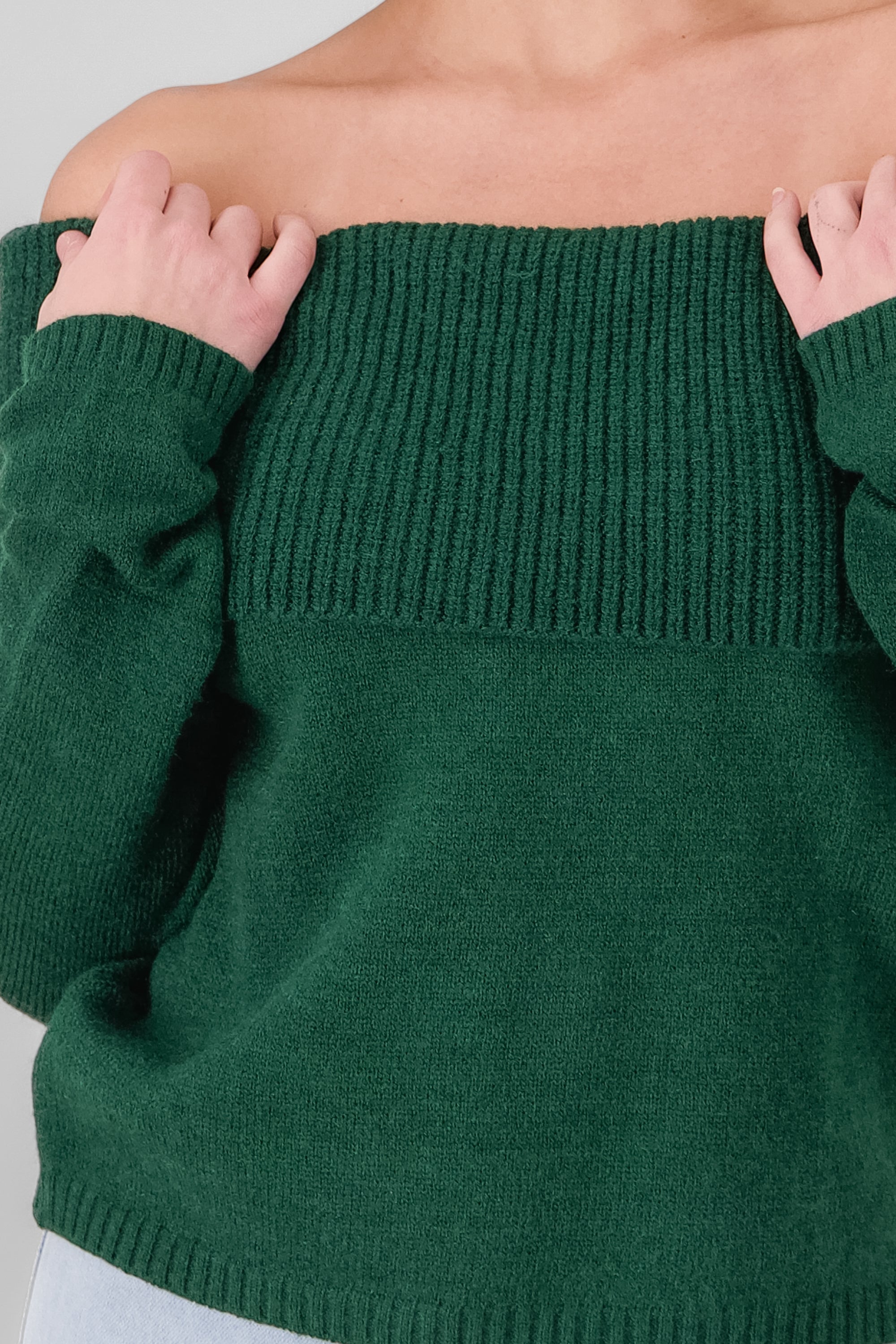 Off Shoulder Solid Knit Sweater HUNTER GREEN