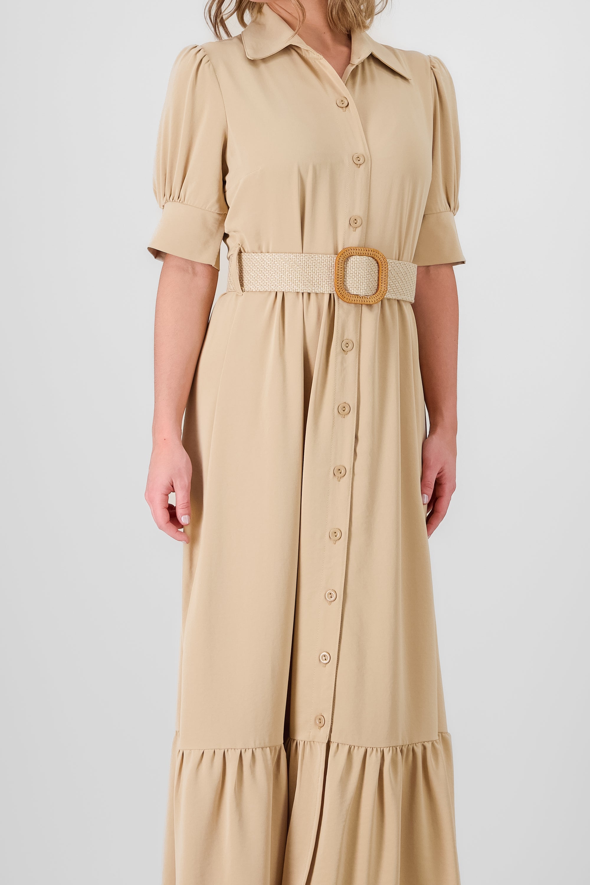 Short Sleeve Polo Dress with Belt IVORY