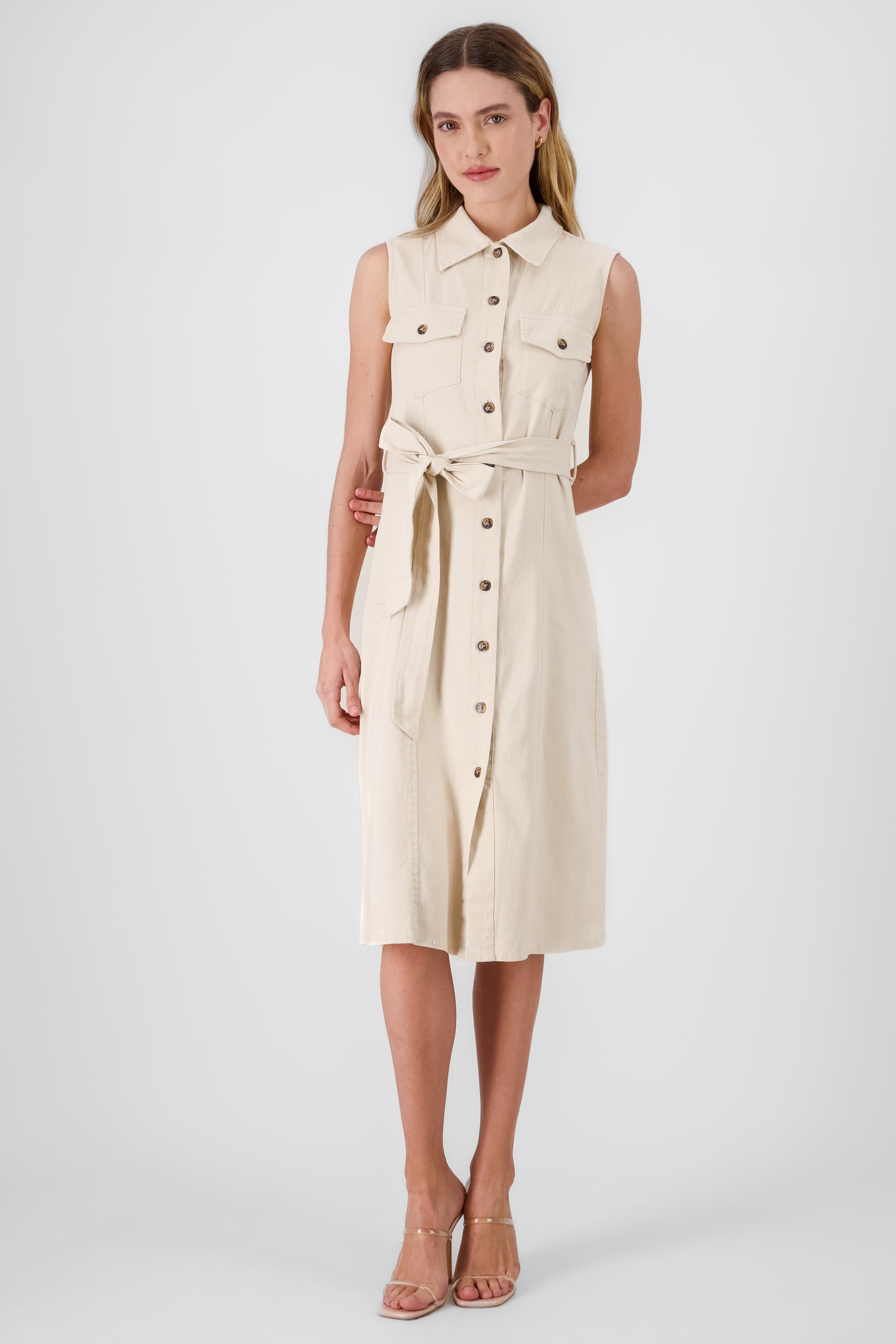 Midi Gabardine Dress with Belt KHAKI