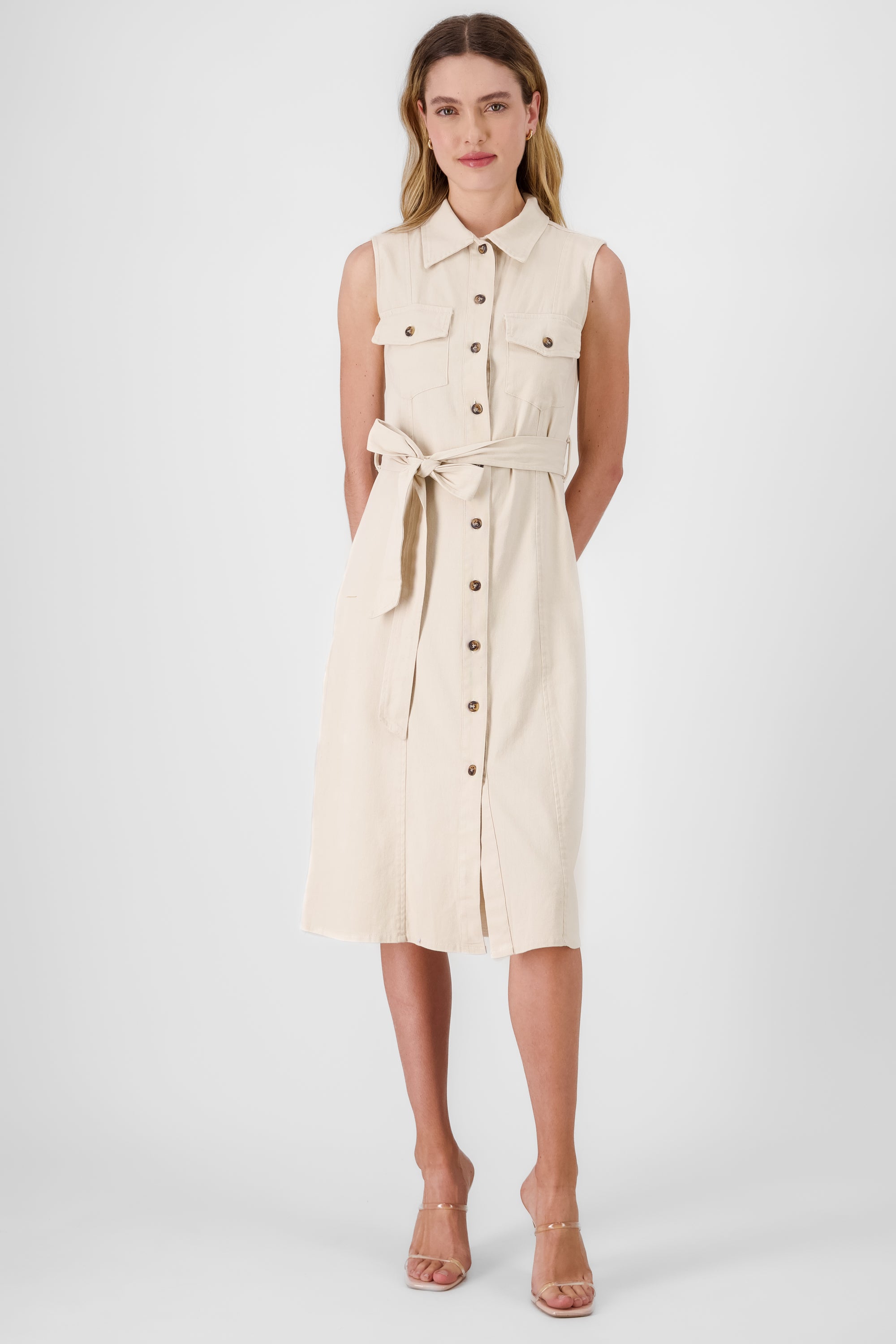 Midi Gabardine Dress with Belt KHAKI