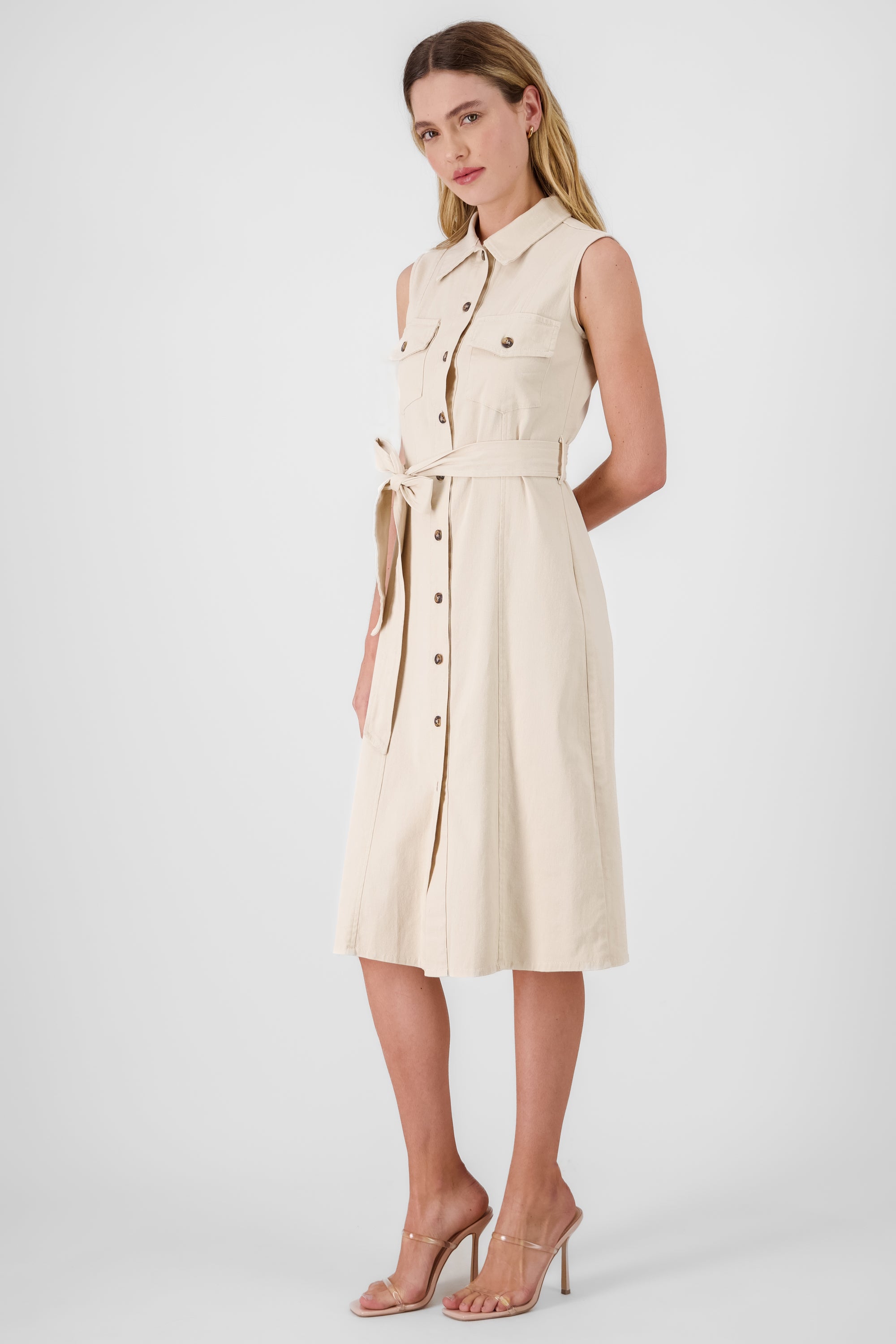 Midi Gabardine Dress with Belt KHAKI