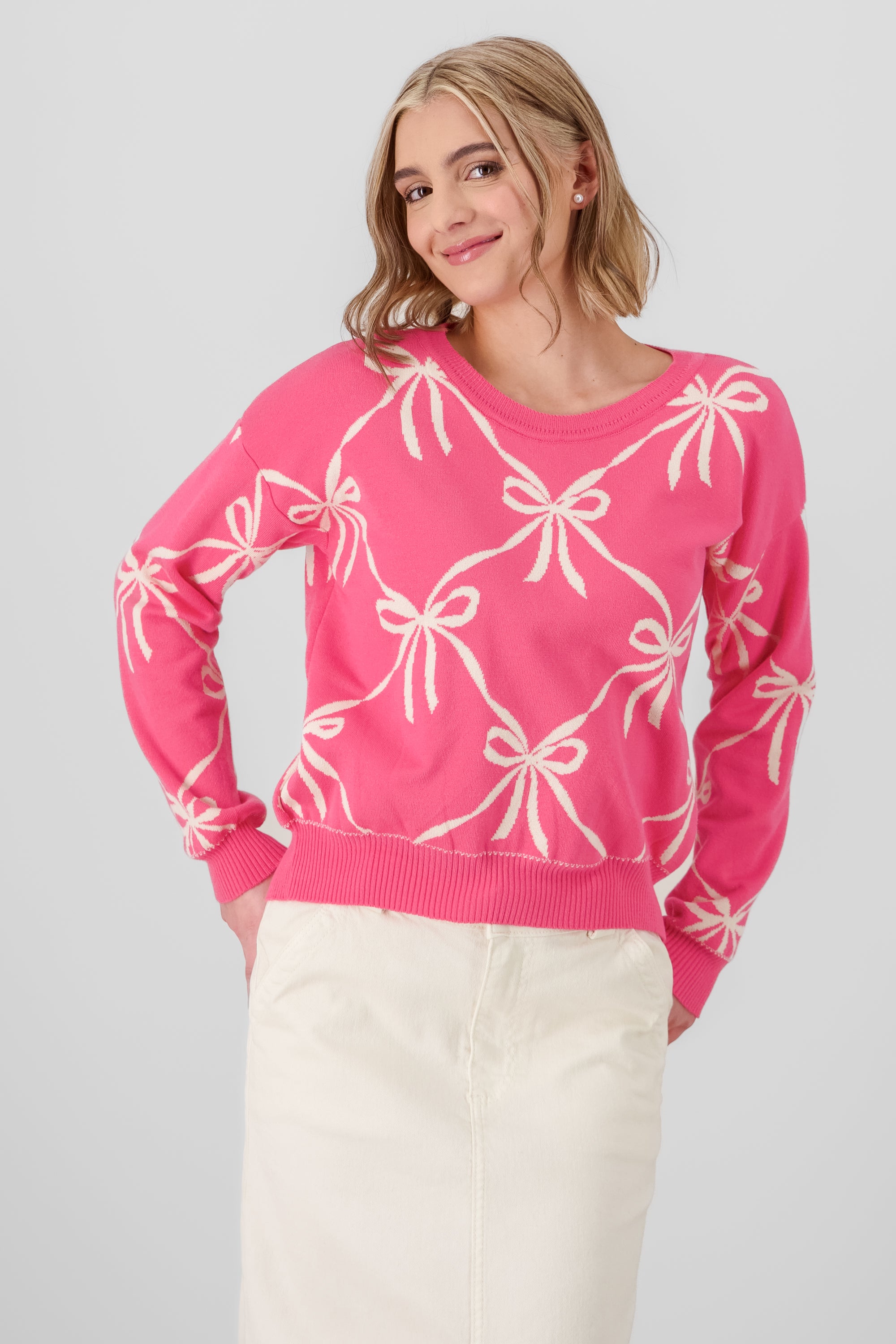 Long Sleeve Bow Sweater PINK COMBO