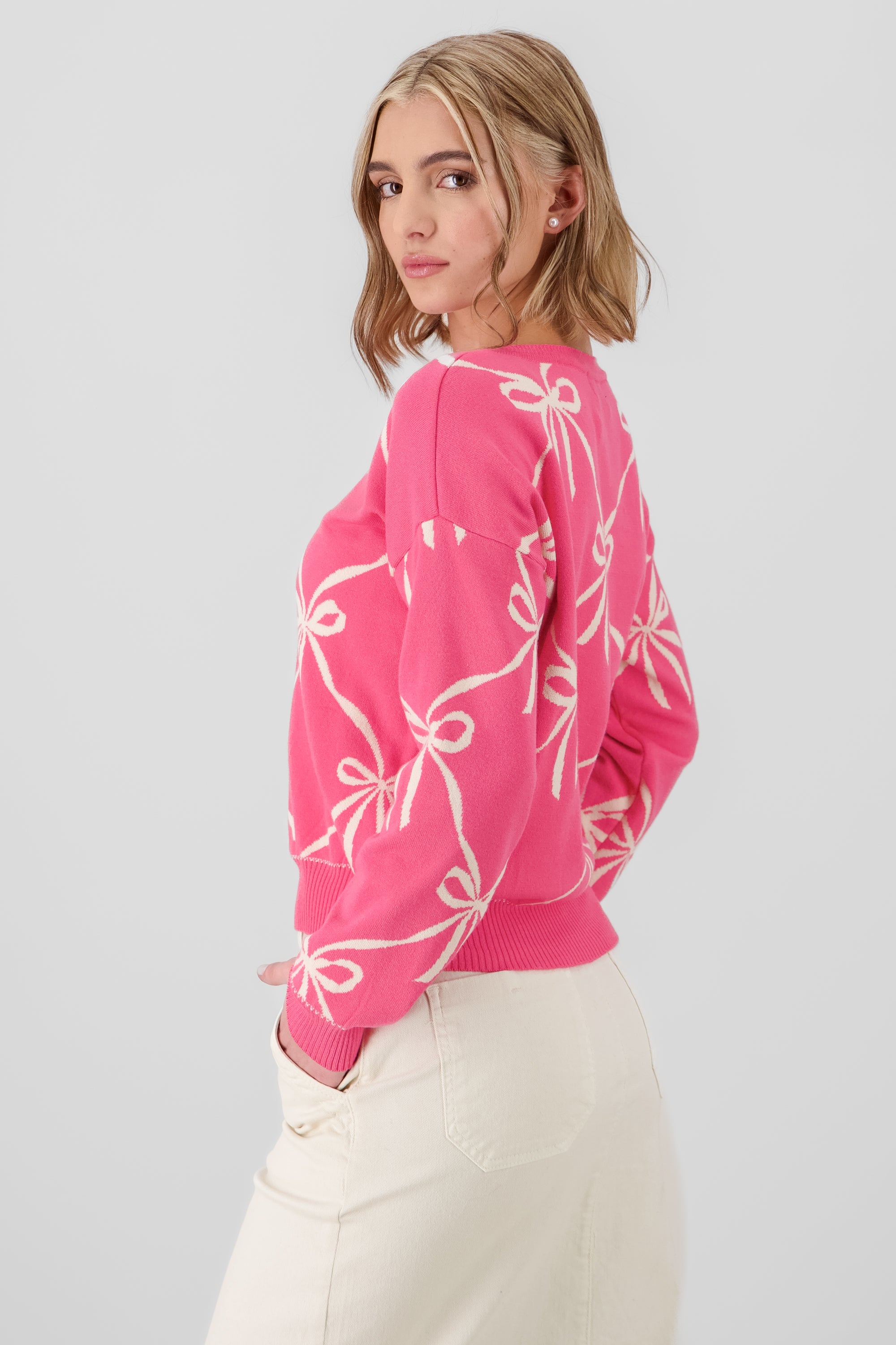 Long Sleeve Bow Sweater PINK COMBO