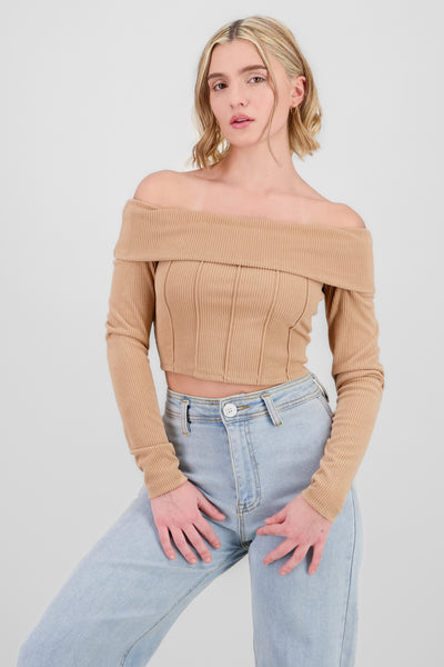 Off Shoulder Ribbed Crop Top TAN