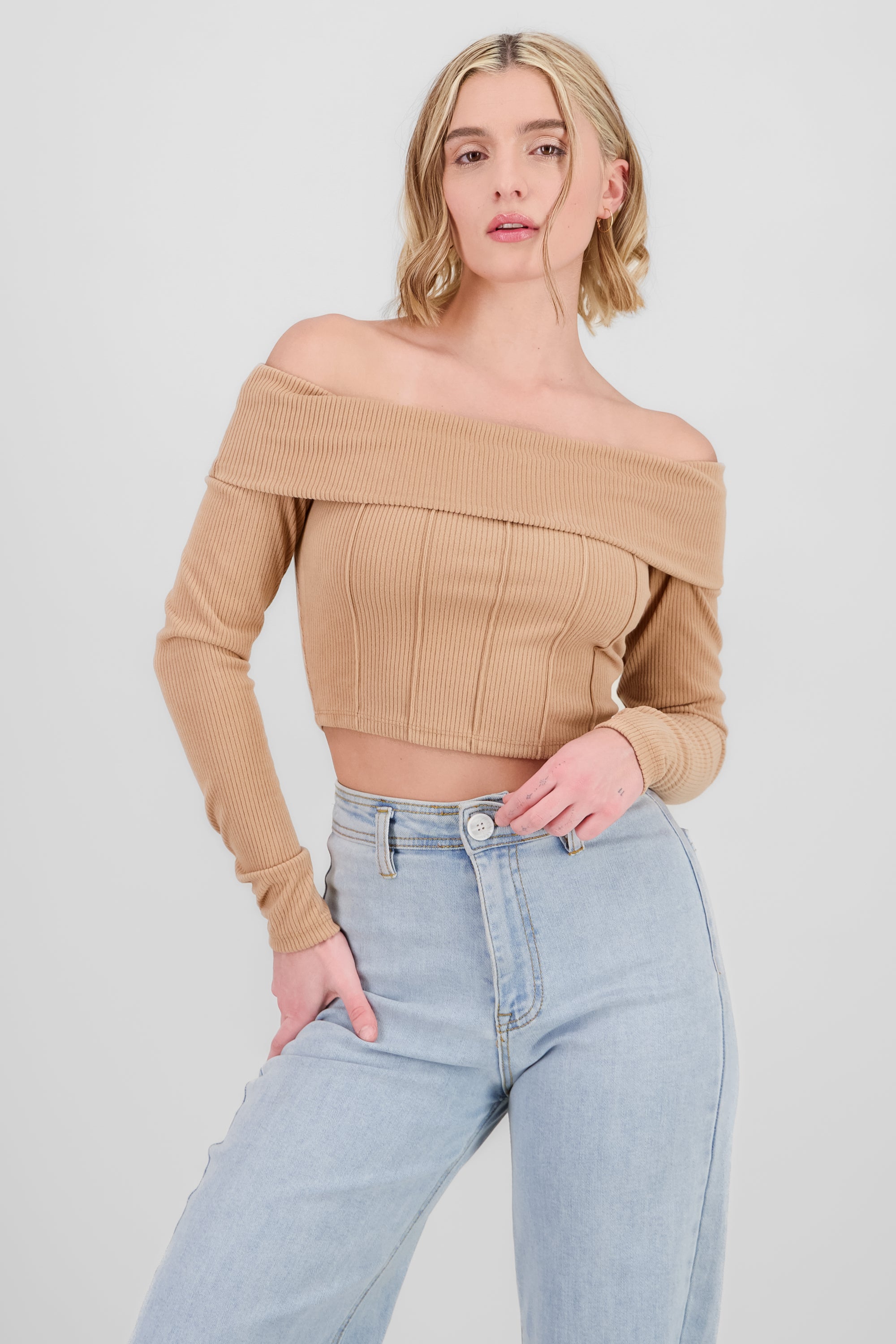 Off Shoulder Ribbed Crop Top TAN