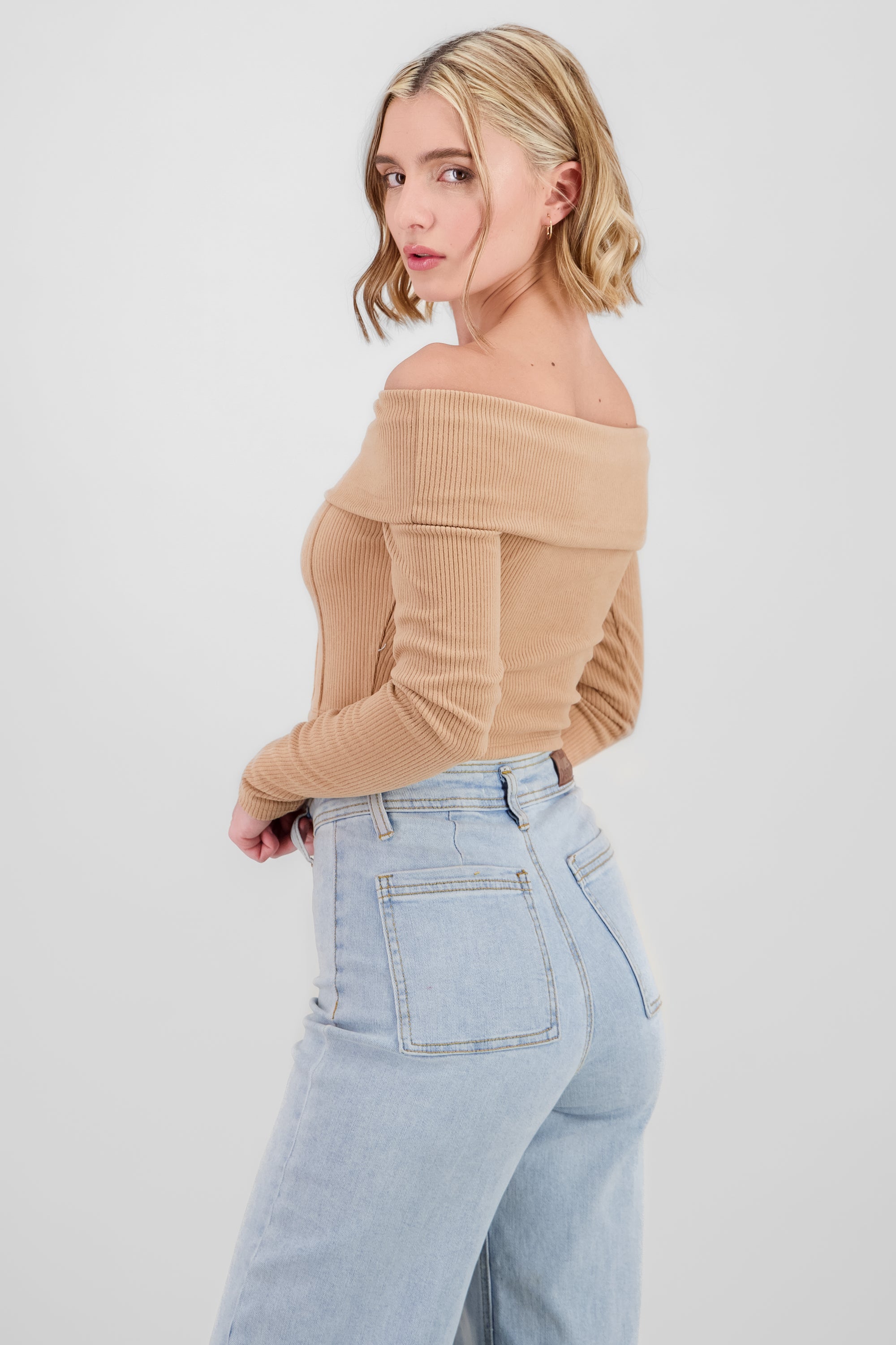 Off Shoulder Ribbed Crop Top TAN