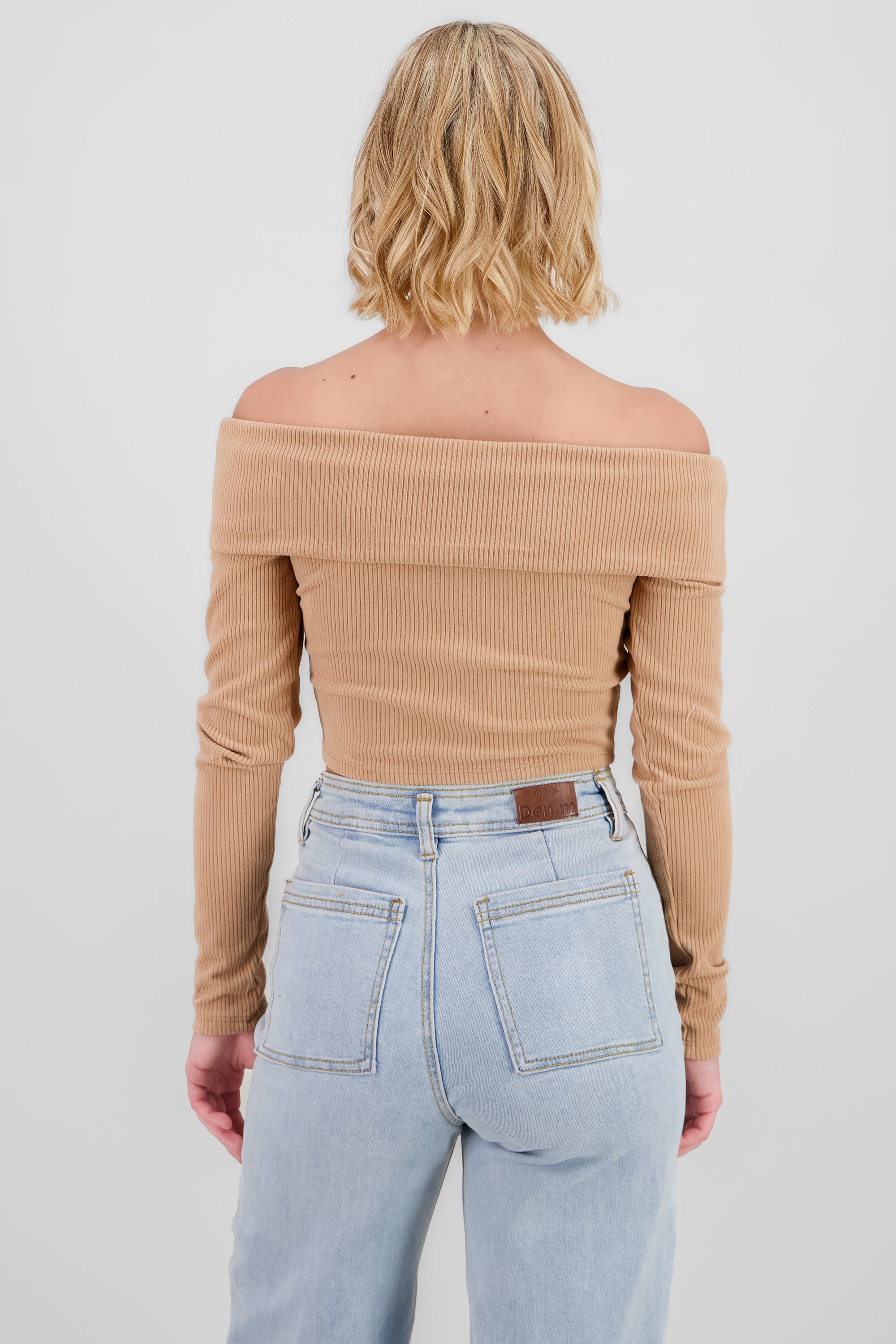 Off Shoulder Ribbed Crop Top TAN