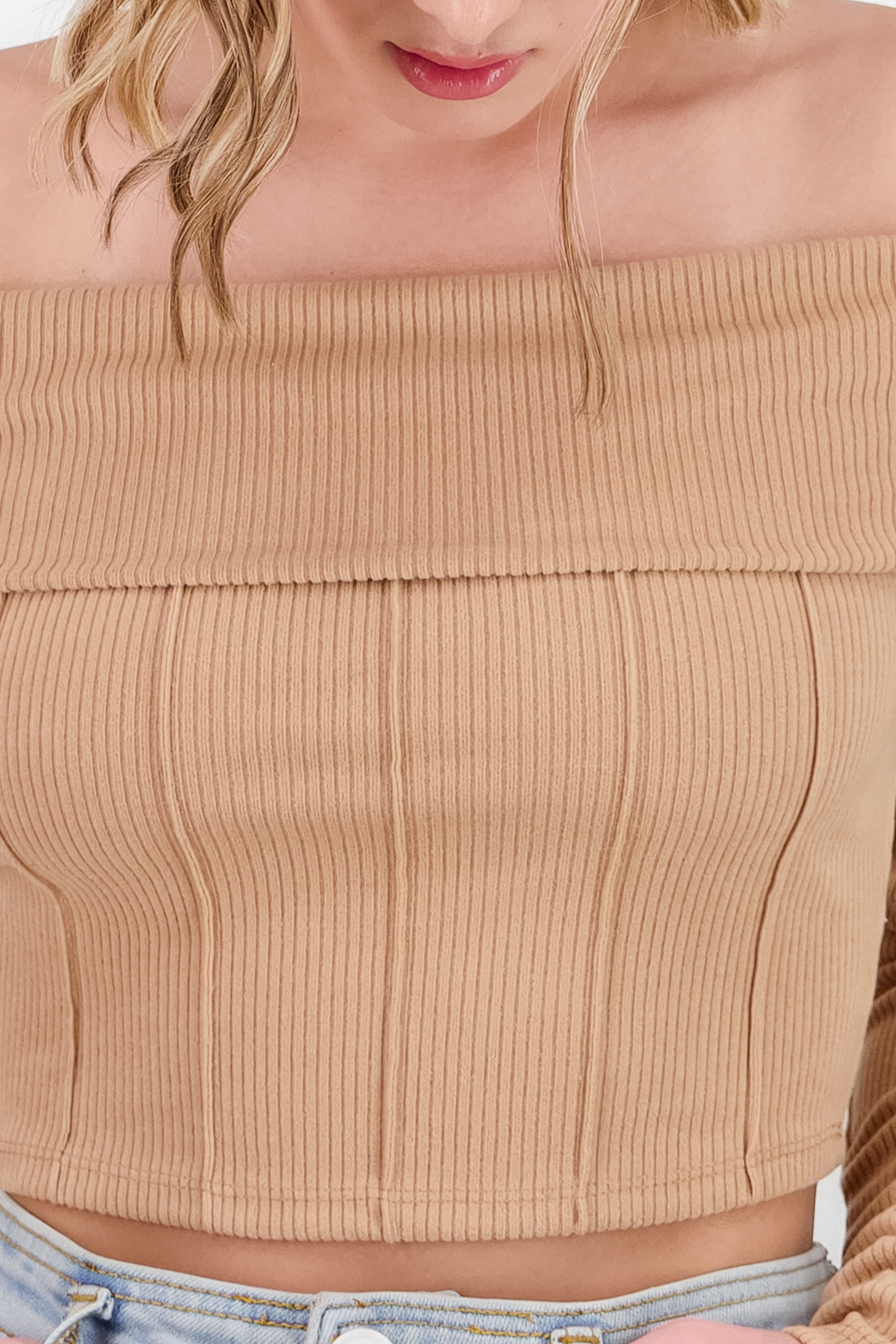 Off Shoulder Ribbed Crop Top TAN