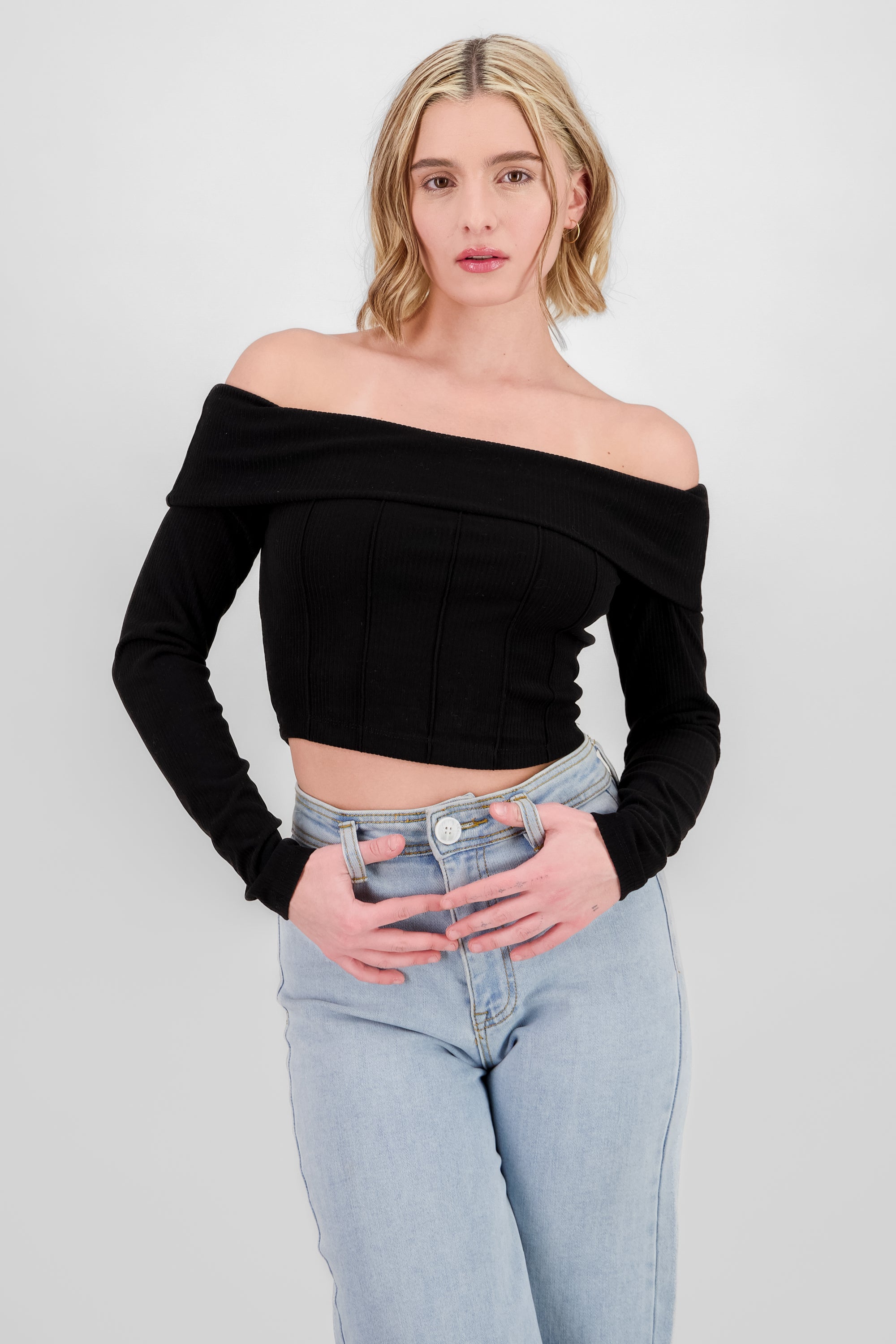 Off Shoulder Ribbed Crop Top BLACK