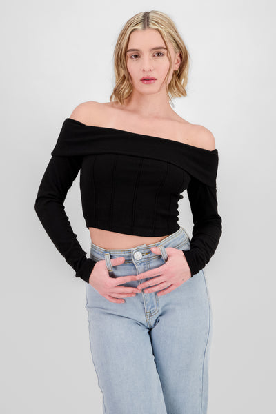 Off Shoulder Ribbed Crop Top TAN