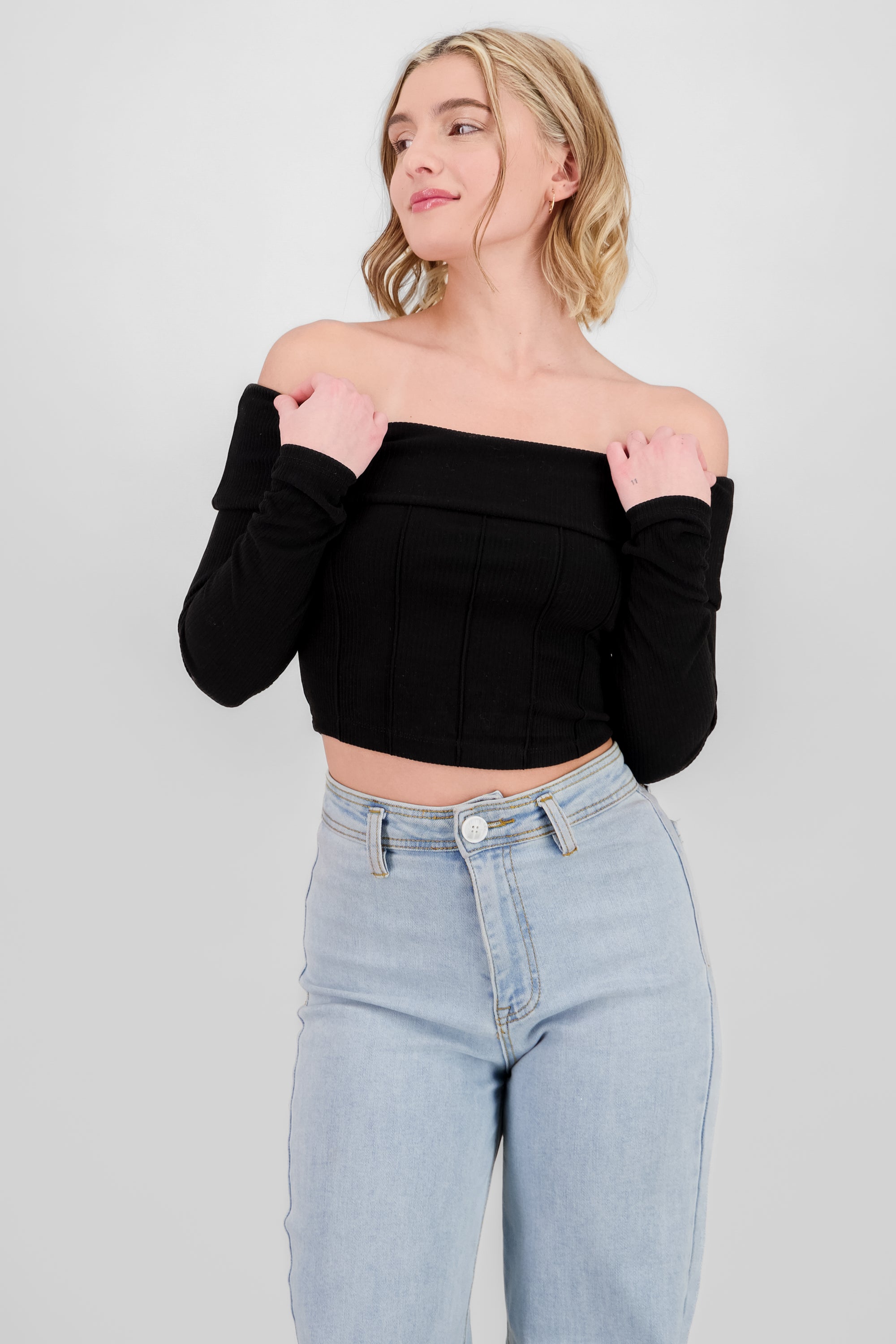 Off Shoulder Ribbed Crop Top BLACK