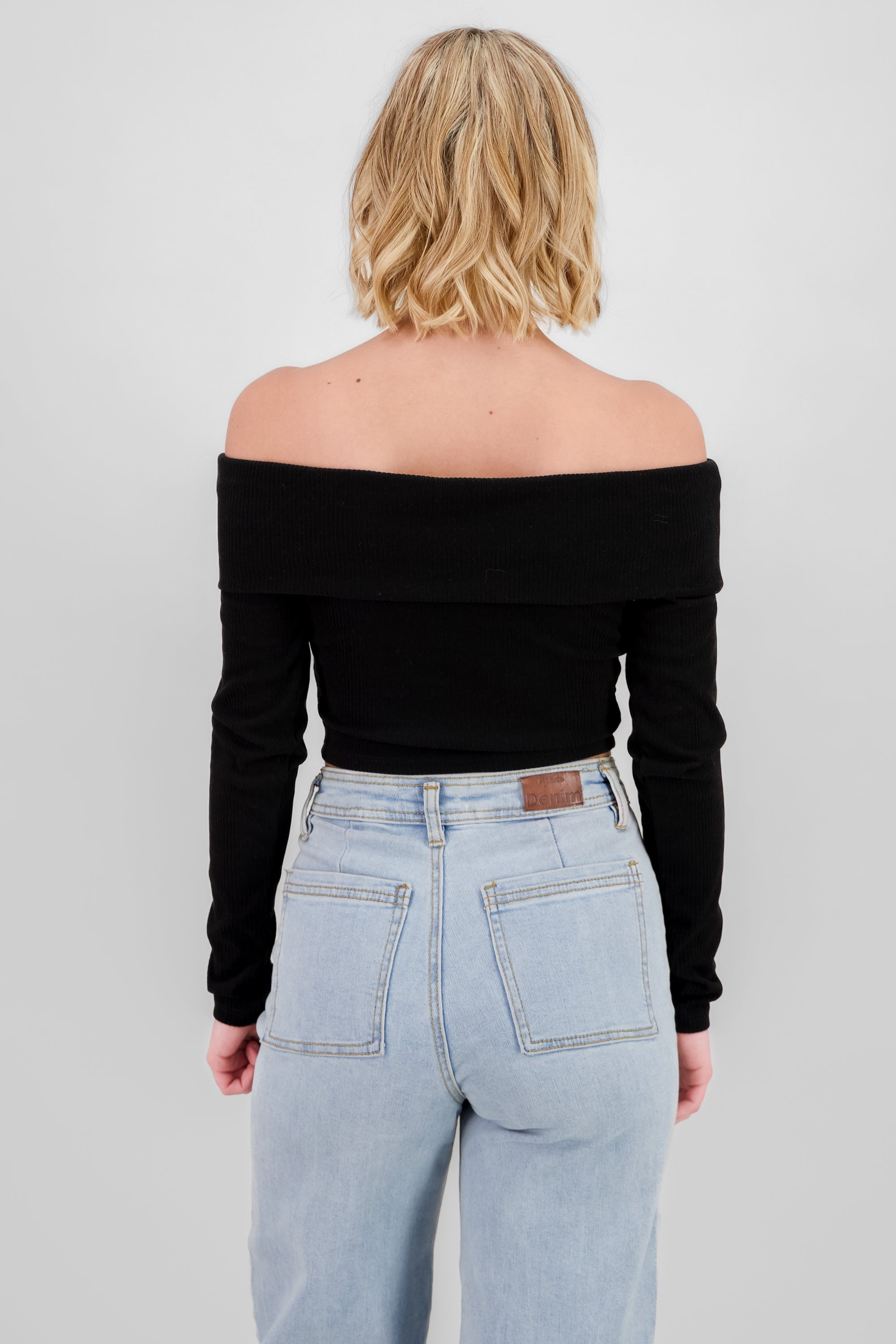 Off Shoulder Ribbed Crop Top BLACK