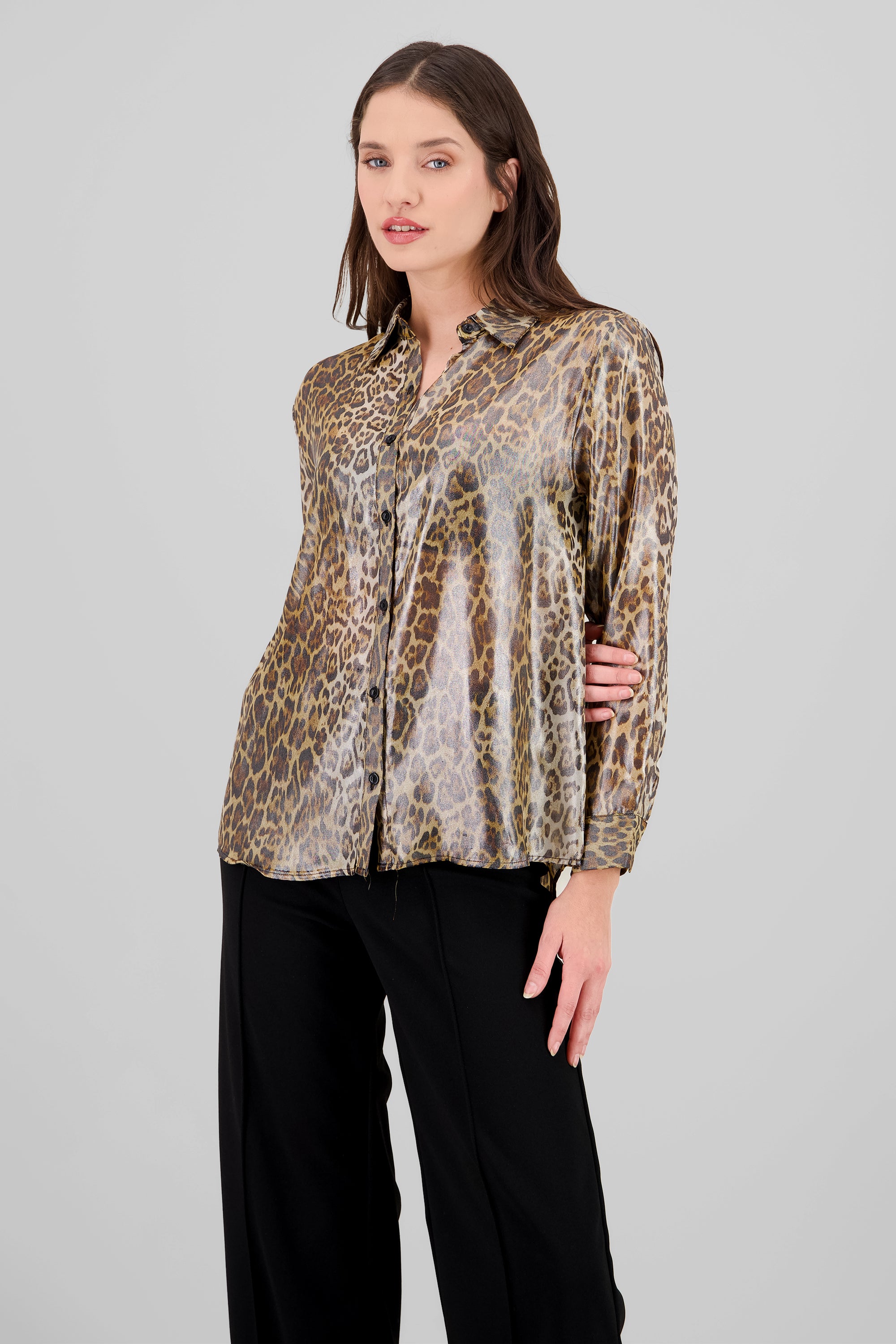 Long Sleeve Leopard Print Shirt BROWN COMBO