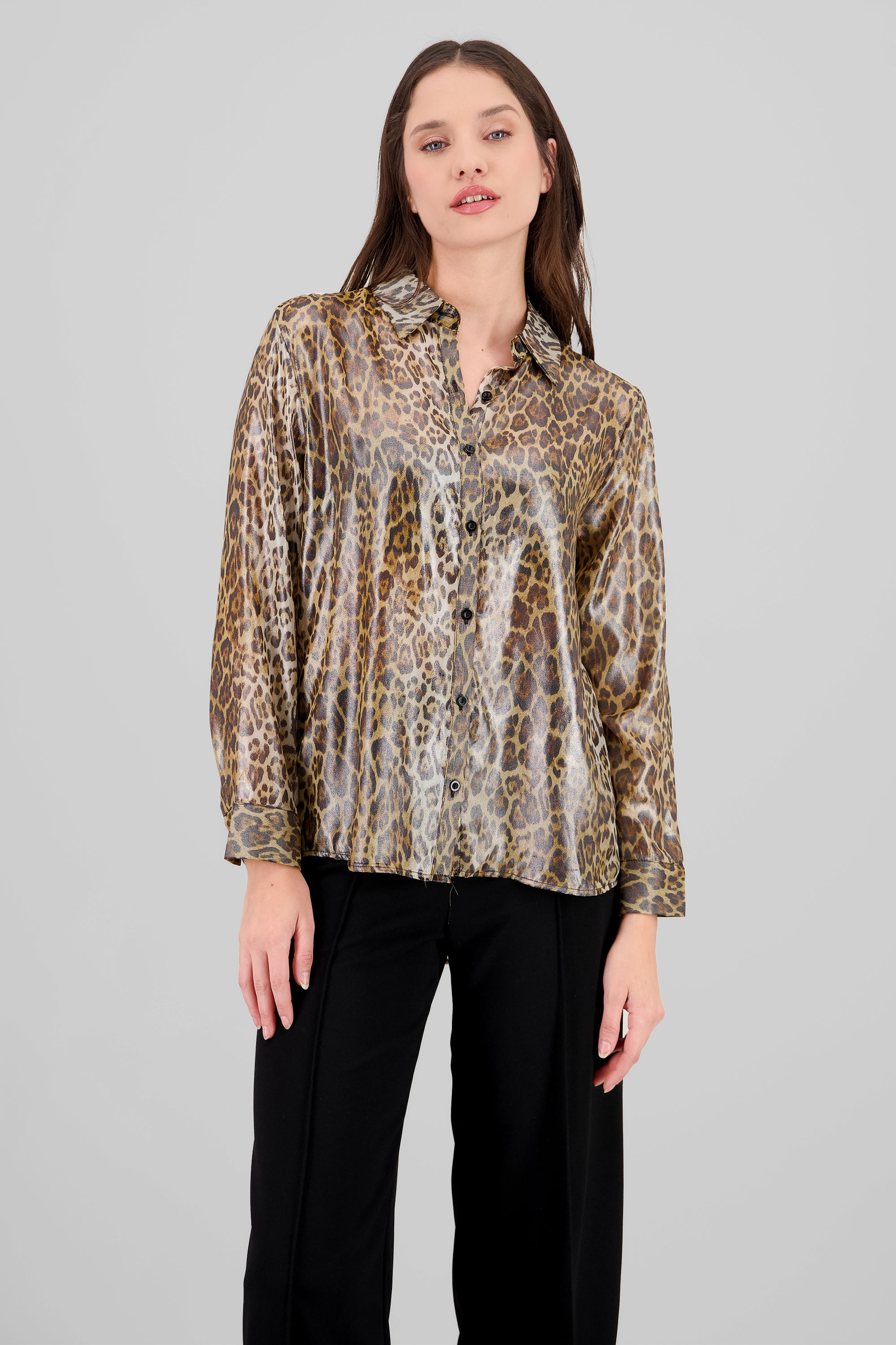 Long Sleeve Leopard Print Shirt BROWN COMBO