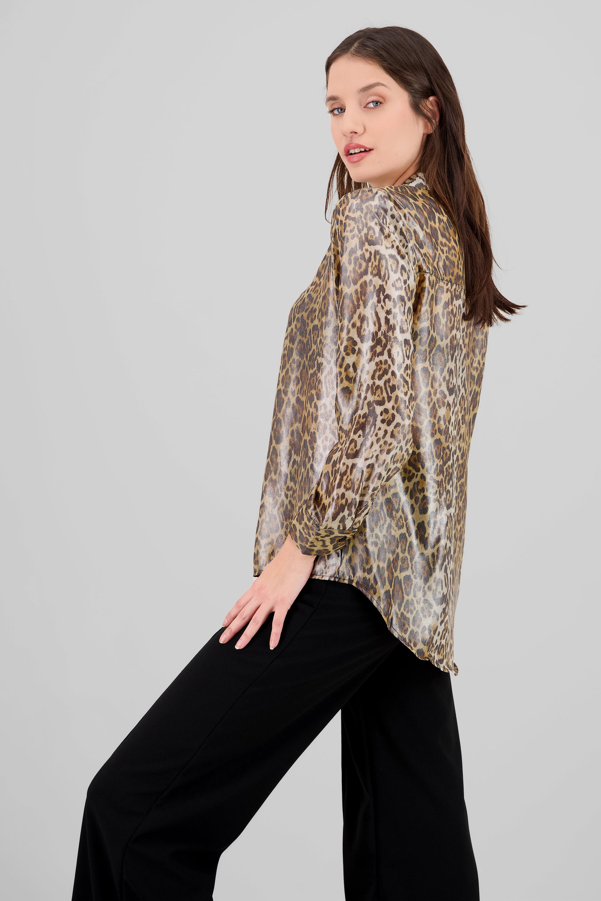 Long Sleeve Leopard Print Shirt BROWN COMBO