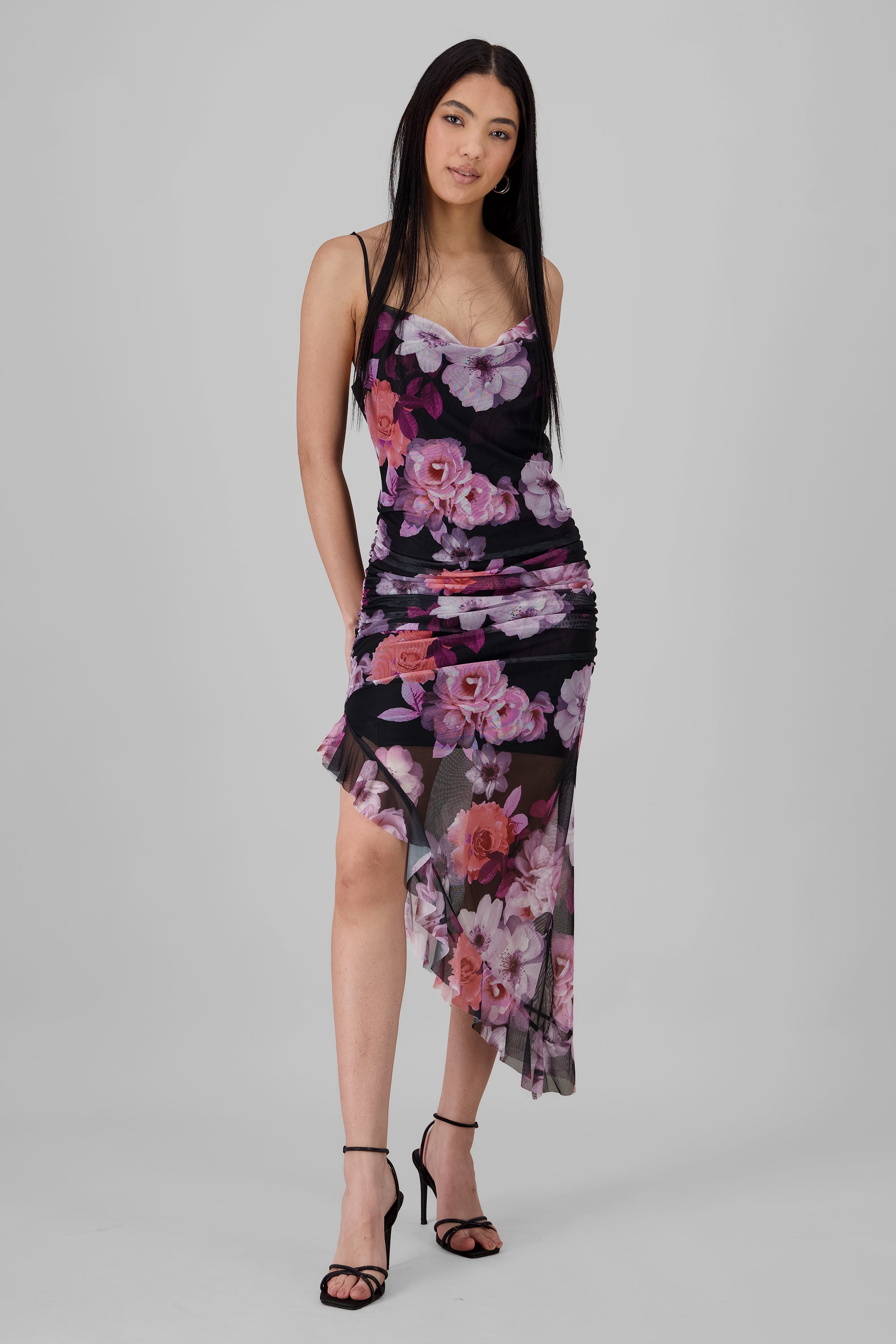 Ruched Mesh Floral Dress PURPLE COMBO