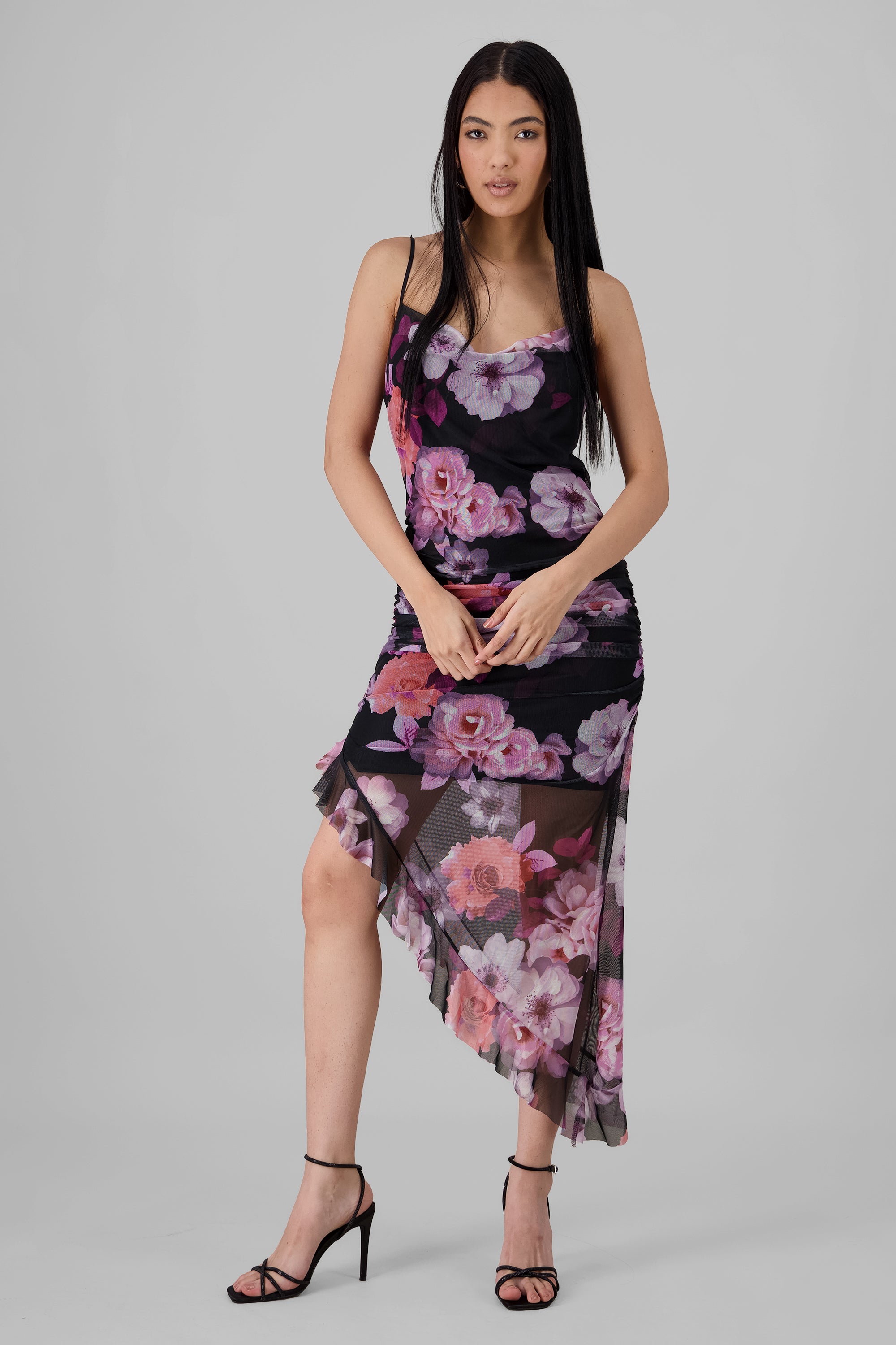 Ruched Mesh Floral Dress PURPLE COMBO